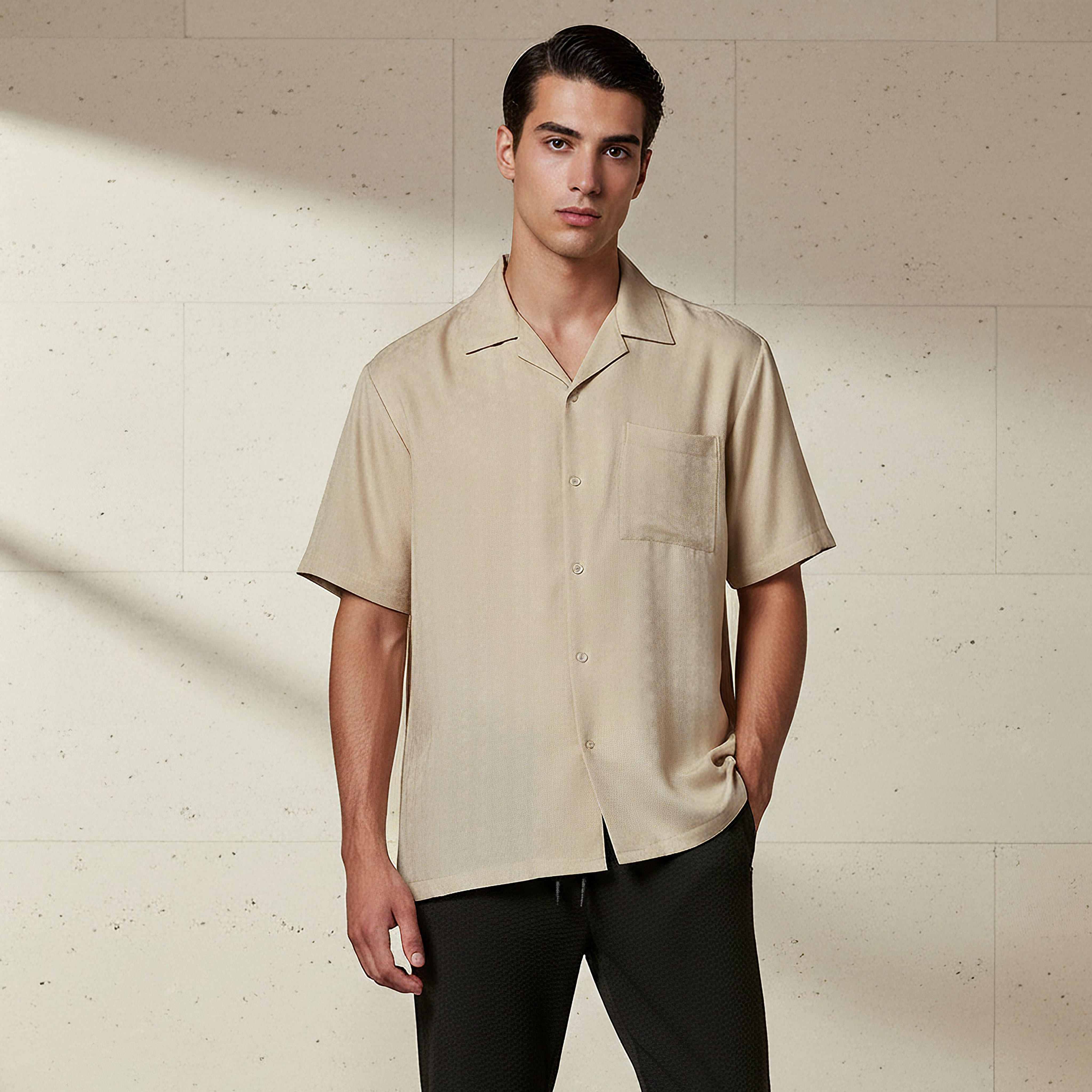 Men Regular Fit Camp Collar Textured Short Sleeves Resort Shirt-men-clothing-shirts-image-1
