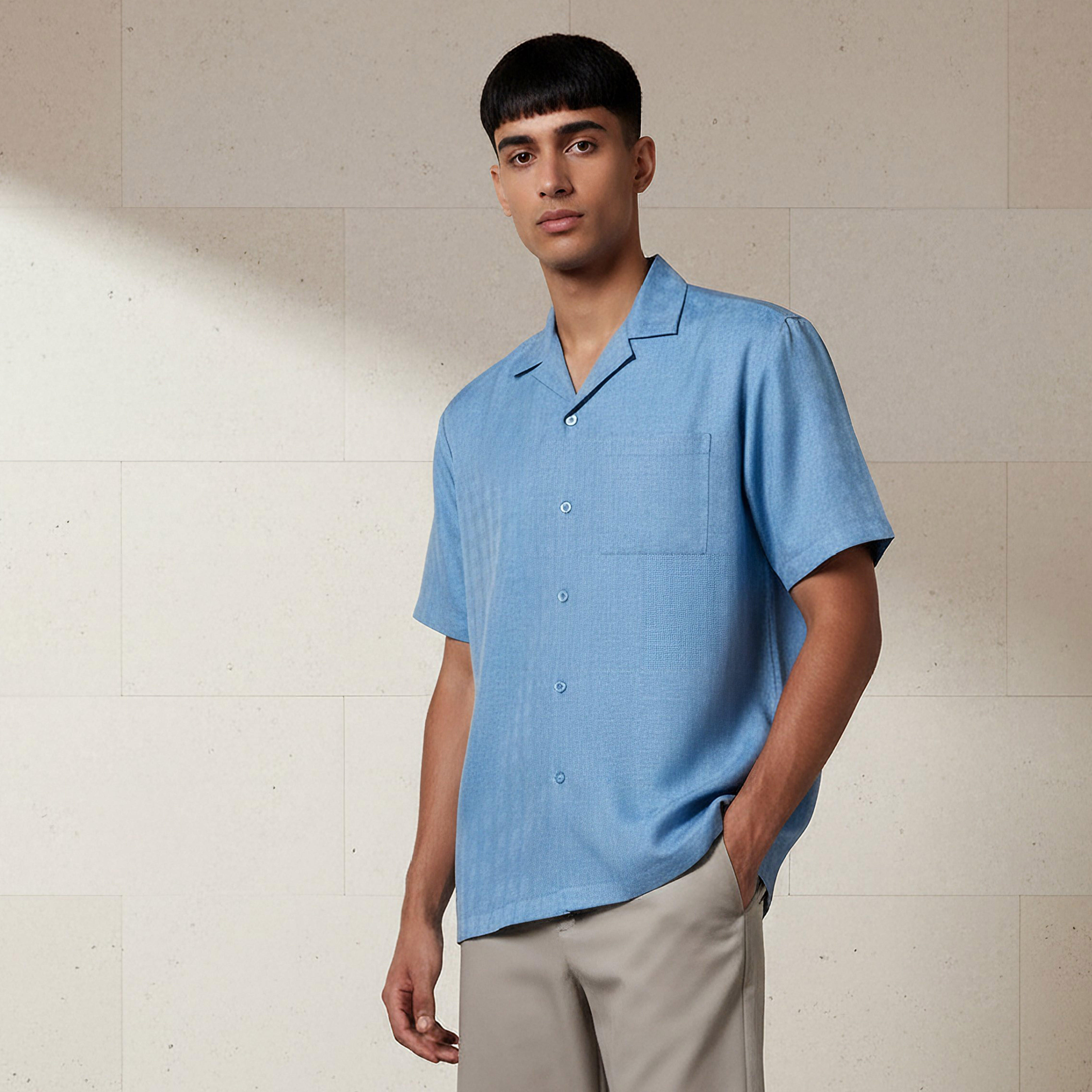 Men Regular Fit Camp Collar Textured Short Sleeves Resort Shirt-men-clothing-shirts-image-1