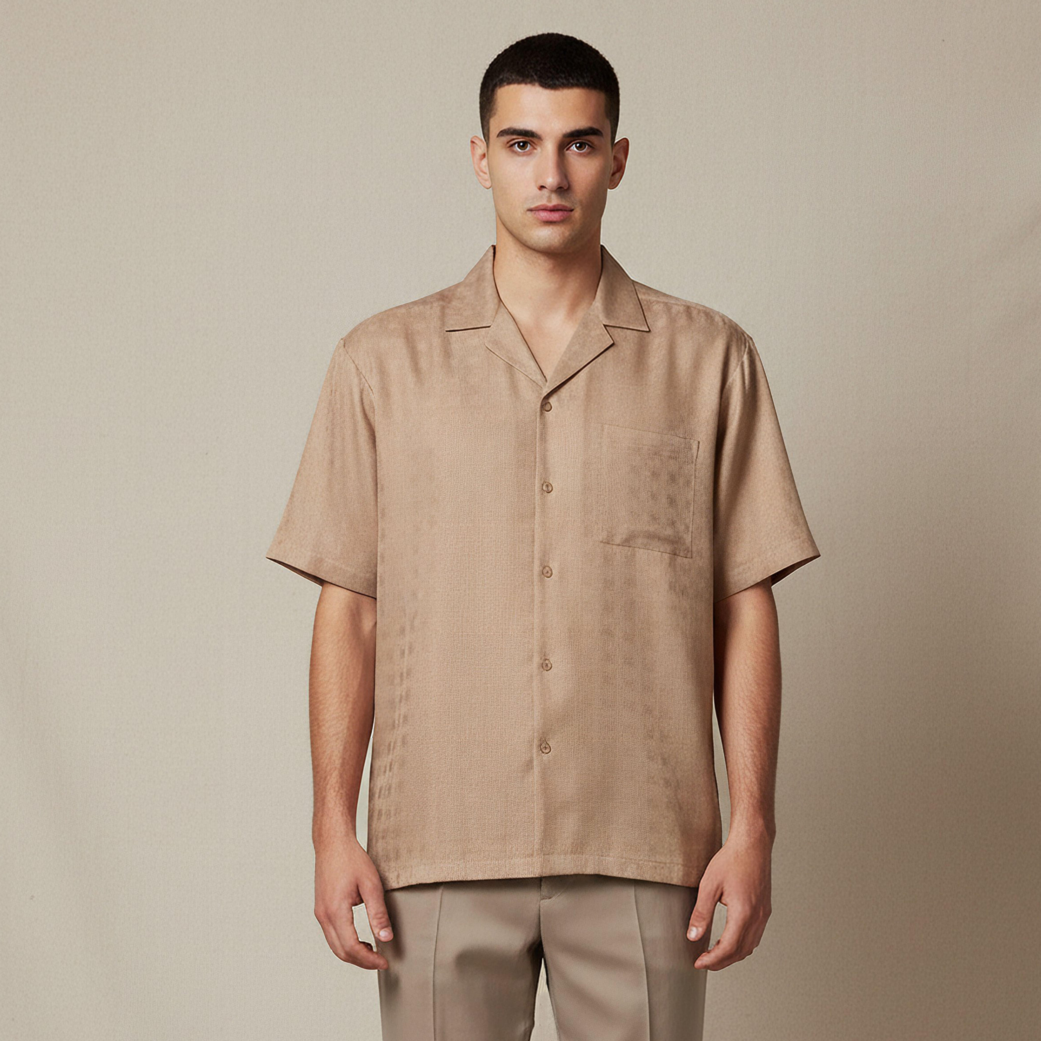 Men Regular Fit Camp Collar Textured Short Sleeves Resort Shirt-men-clothing-shirts-image-1