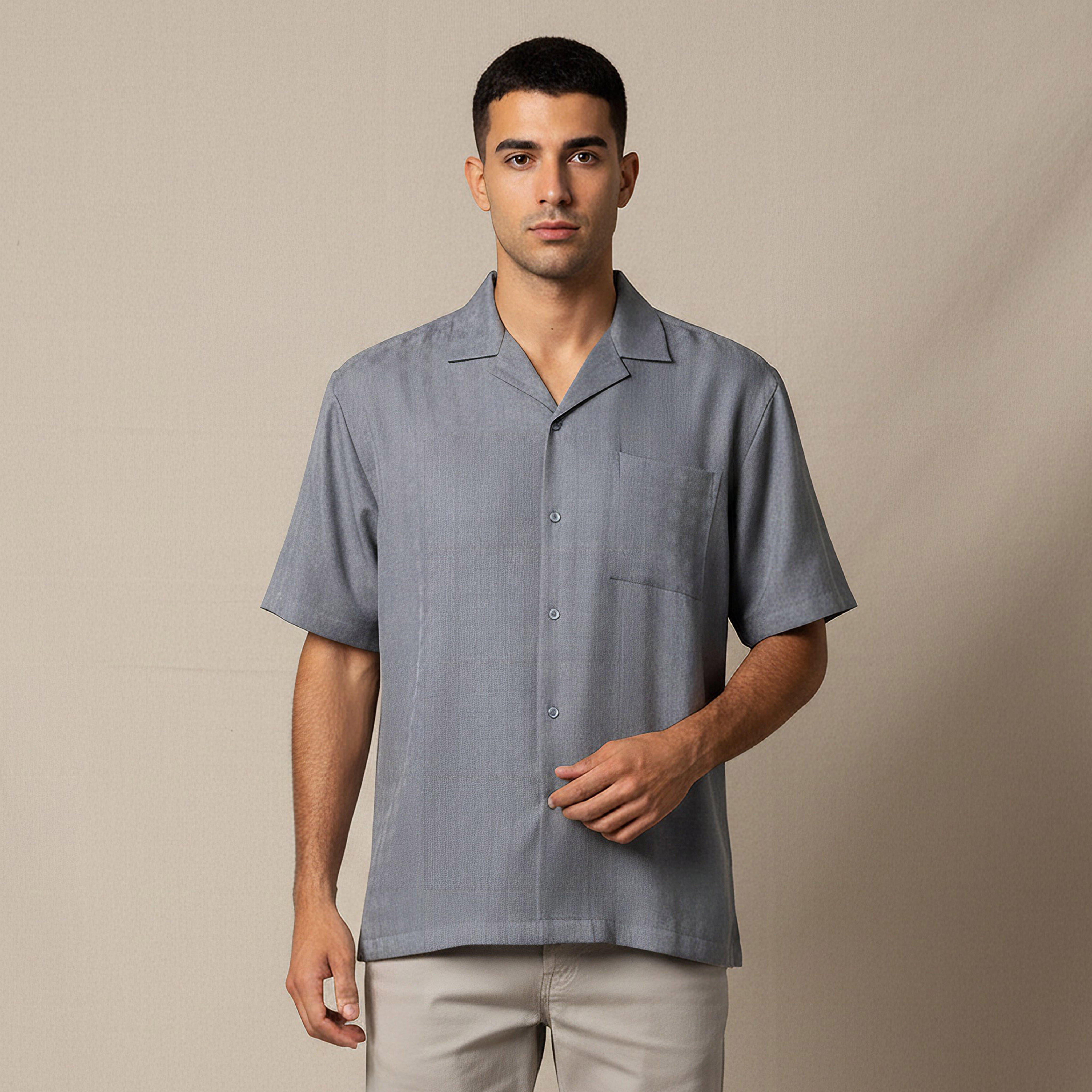 Men Regular Fit Camp Collar Textured Short Sleeves Resort Shirt-men-clothing-shirts-image-1