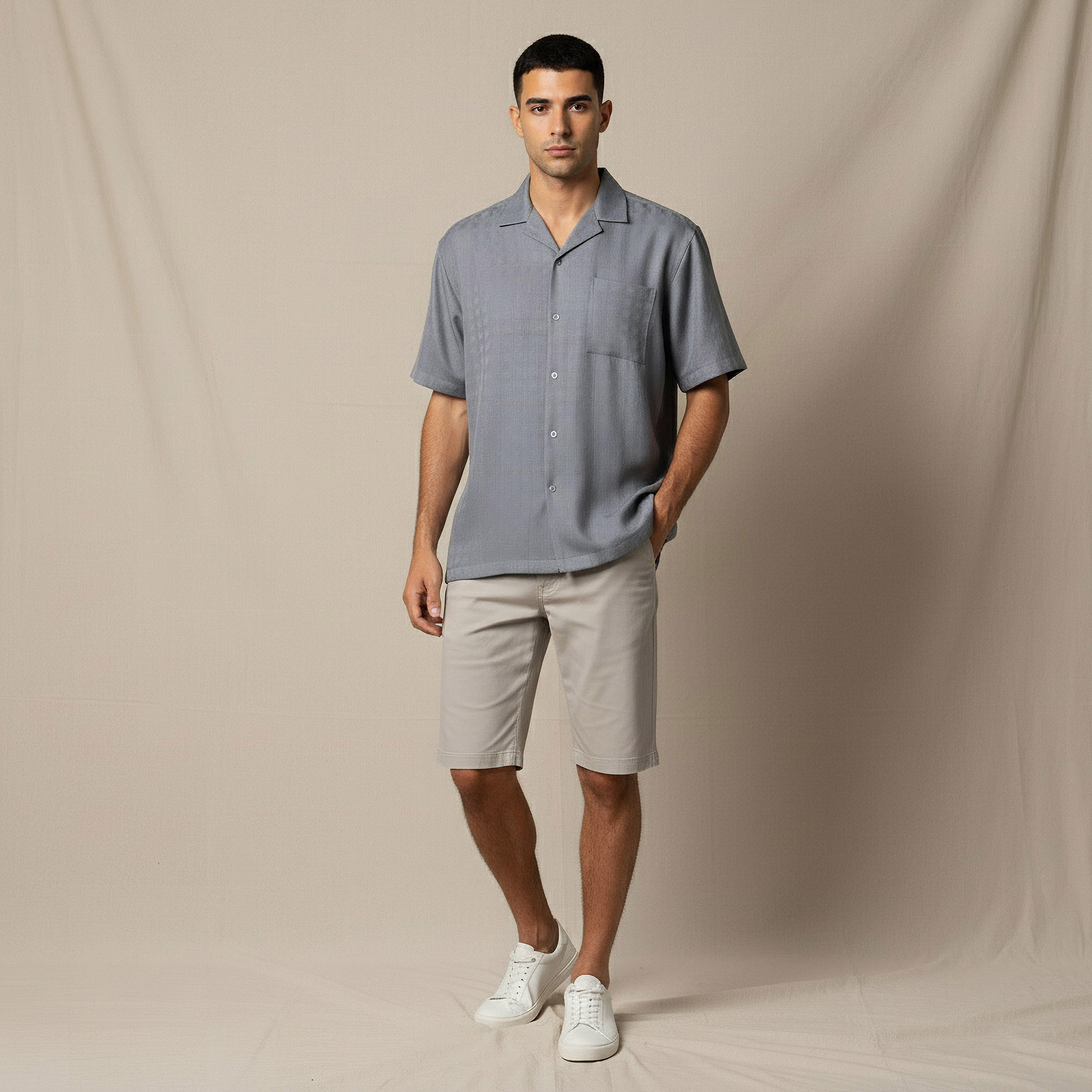 Men Regular Fit Camp Collar Textured Short Sleeves Resort Shirt-men-clothing-shirts-image-2