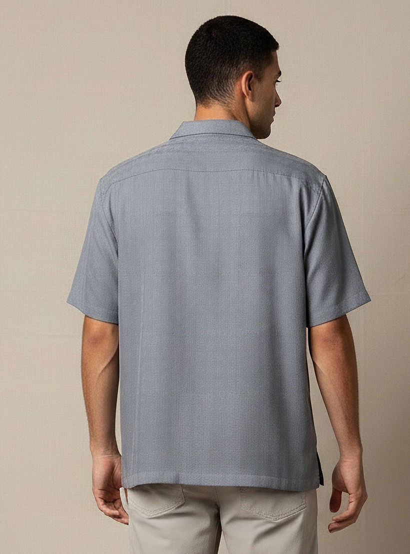 Men Regular Fit Camp Collar Textured Short Sleeves Resort Shirt-men-clothing-shirts-image-3