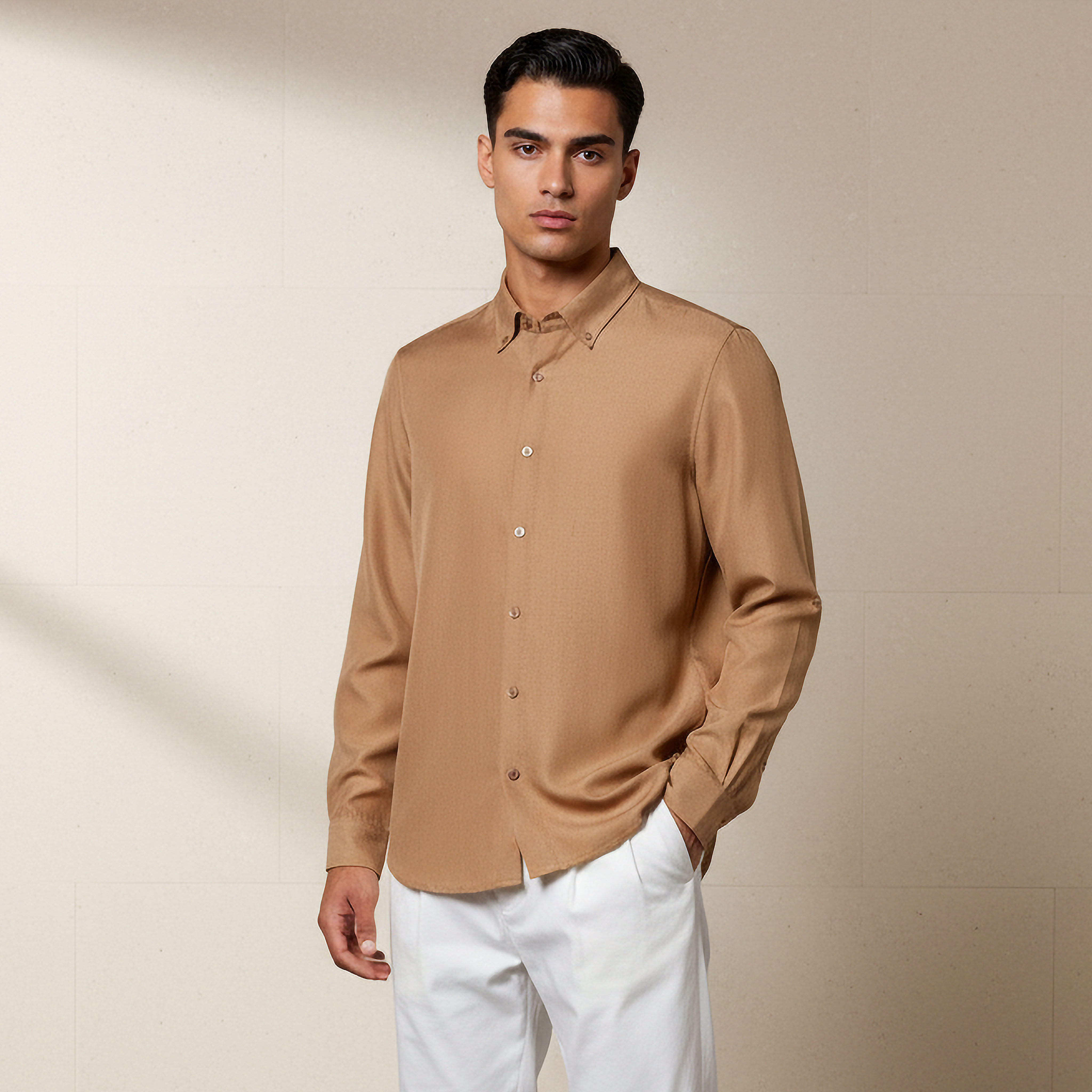 Men Regular Fit Button-Down Collar Long Sleeves Linen Look Shirt-men-clothing-shirts-image-1