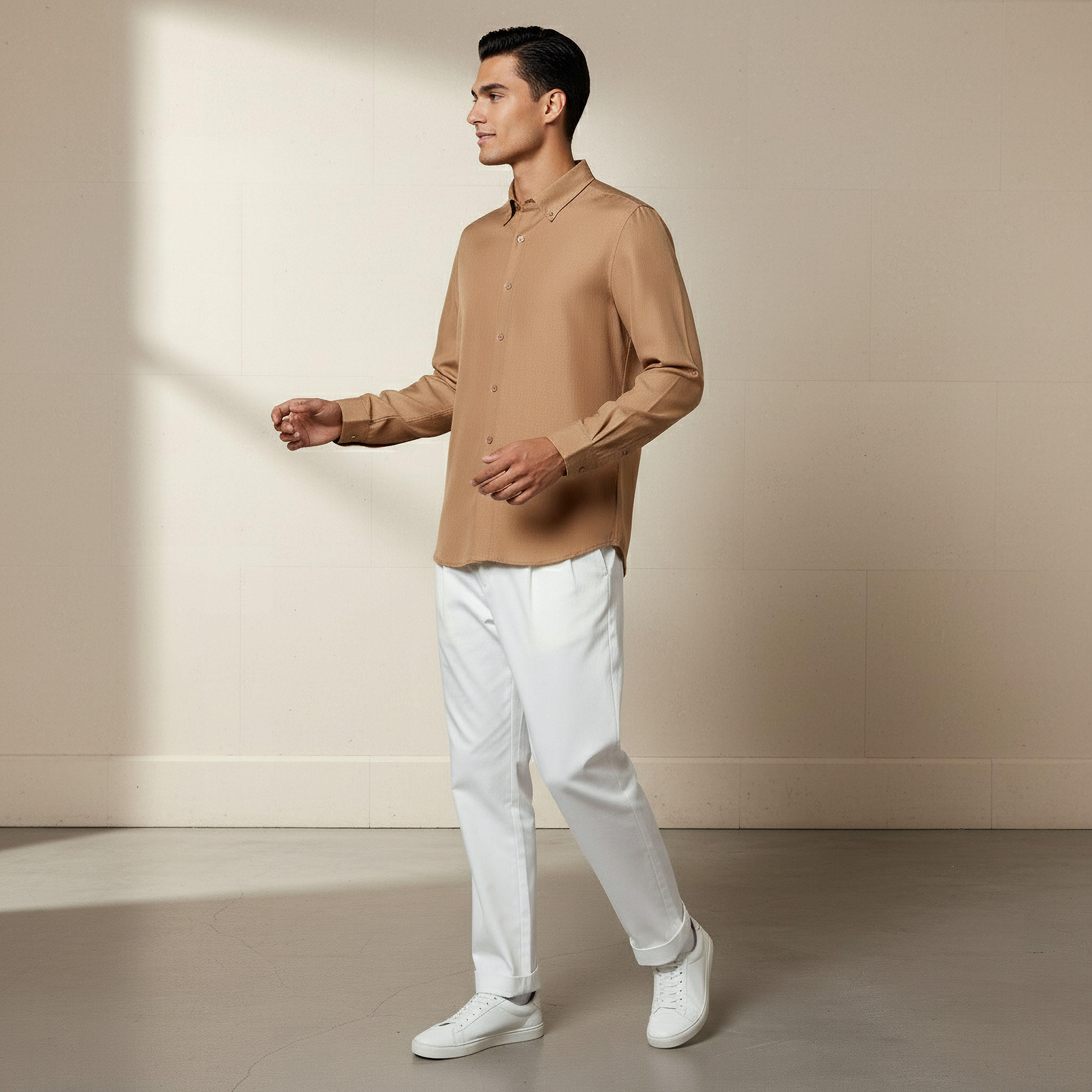 Men Regular Fit Button-Down Collar Long Sleeves Linen Look Shirt-men-clothing-shirts-image-2