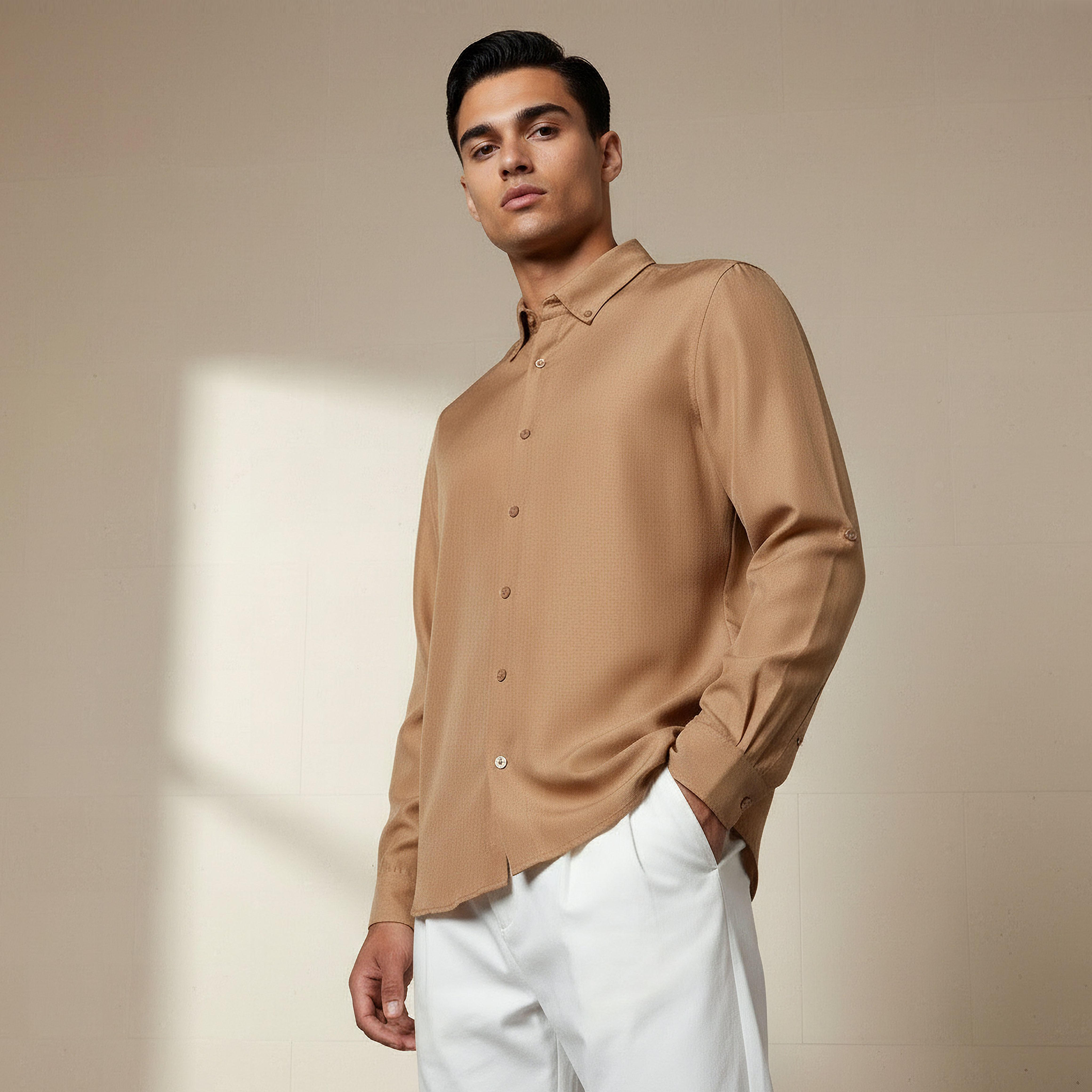 Men Regular Fit Button-Down Collar Long Sleeves Linen Look Shirt-men-clothing-shirts-image-6