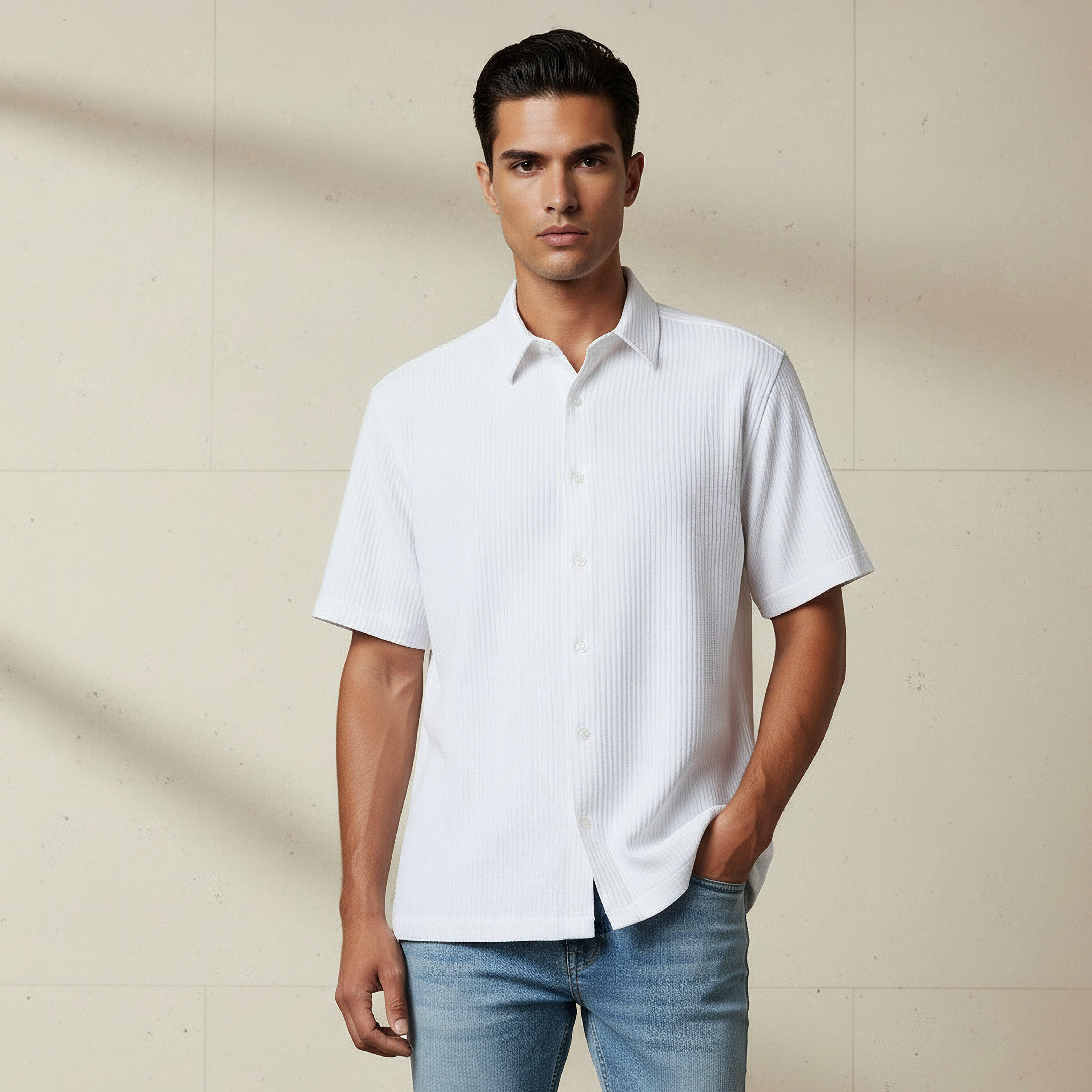 قميص بارز الملمس بقصّة عادية وياقة عادية وأكمام قصيرة للرجال-men-clothing-shirts-image-5