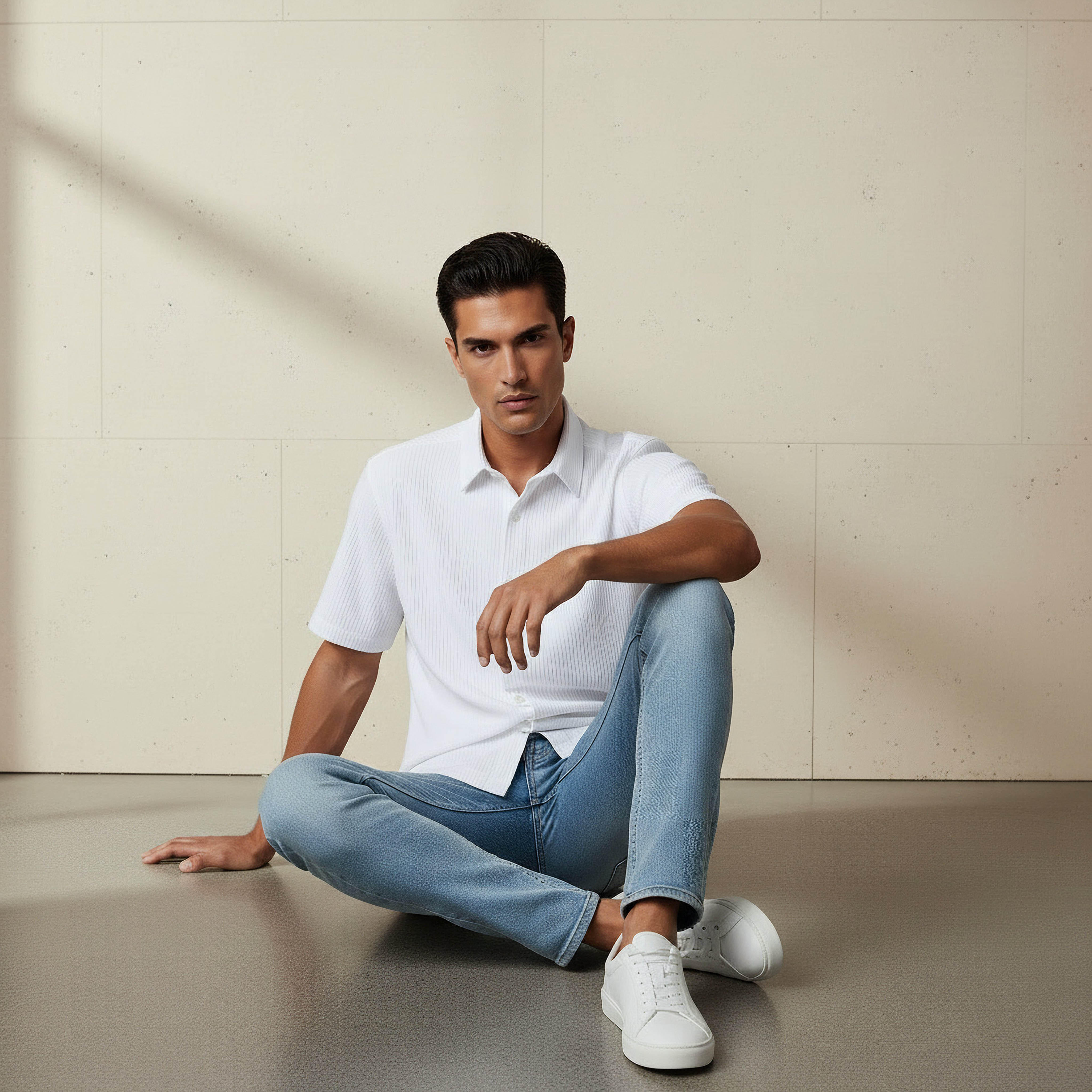 قميص بارز الملمس بقصّة عادية وياقة عادية وأكمام قصيرة للرجال-men-clothing-shirts-image-1