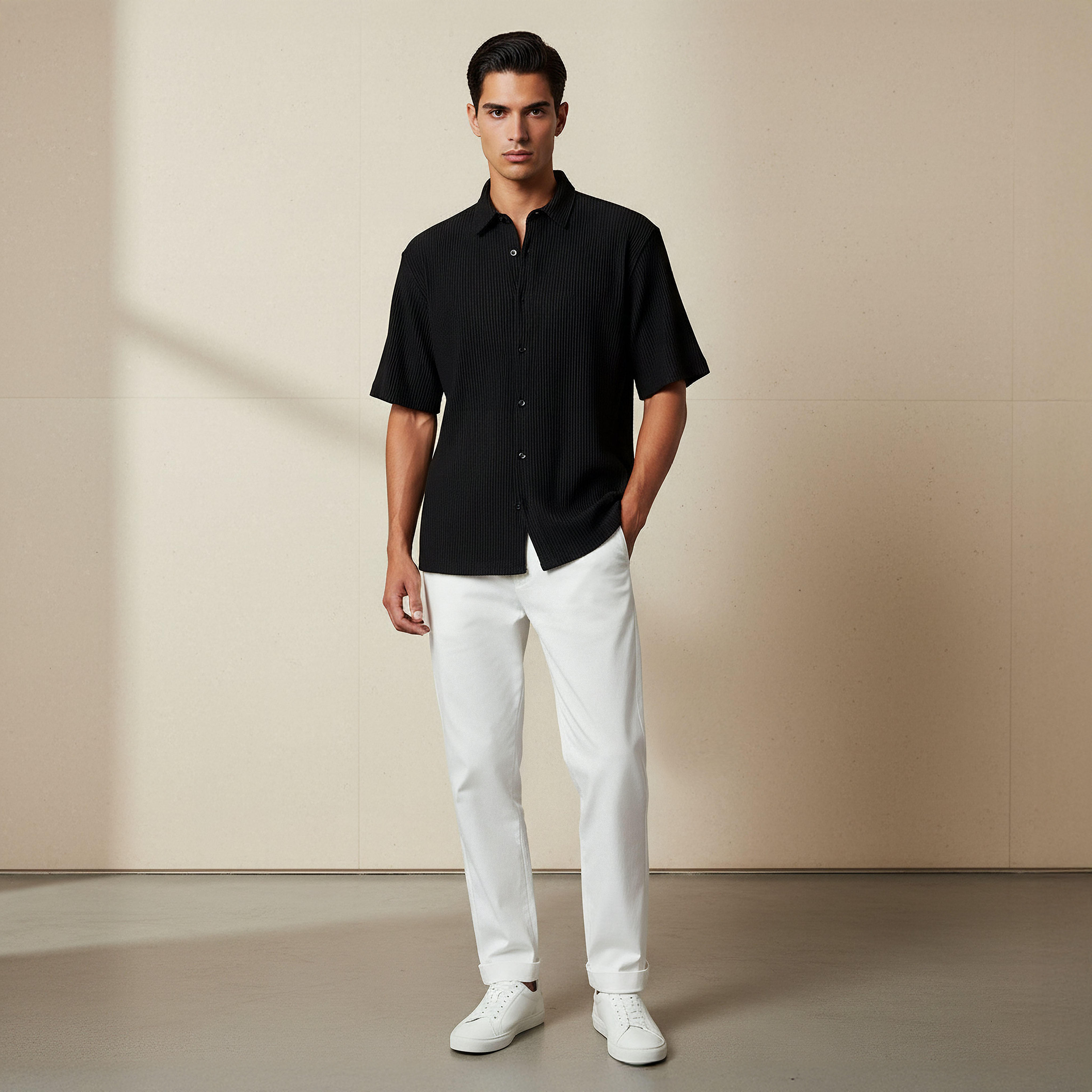 قميص بارز الملمس بقصّة عادية وياقة عادية وأكمام قصيرة للرجال-men-clothing-shirts-image-2