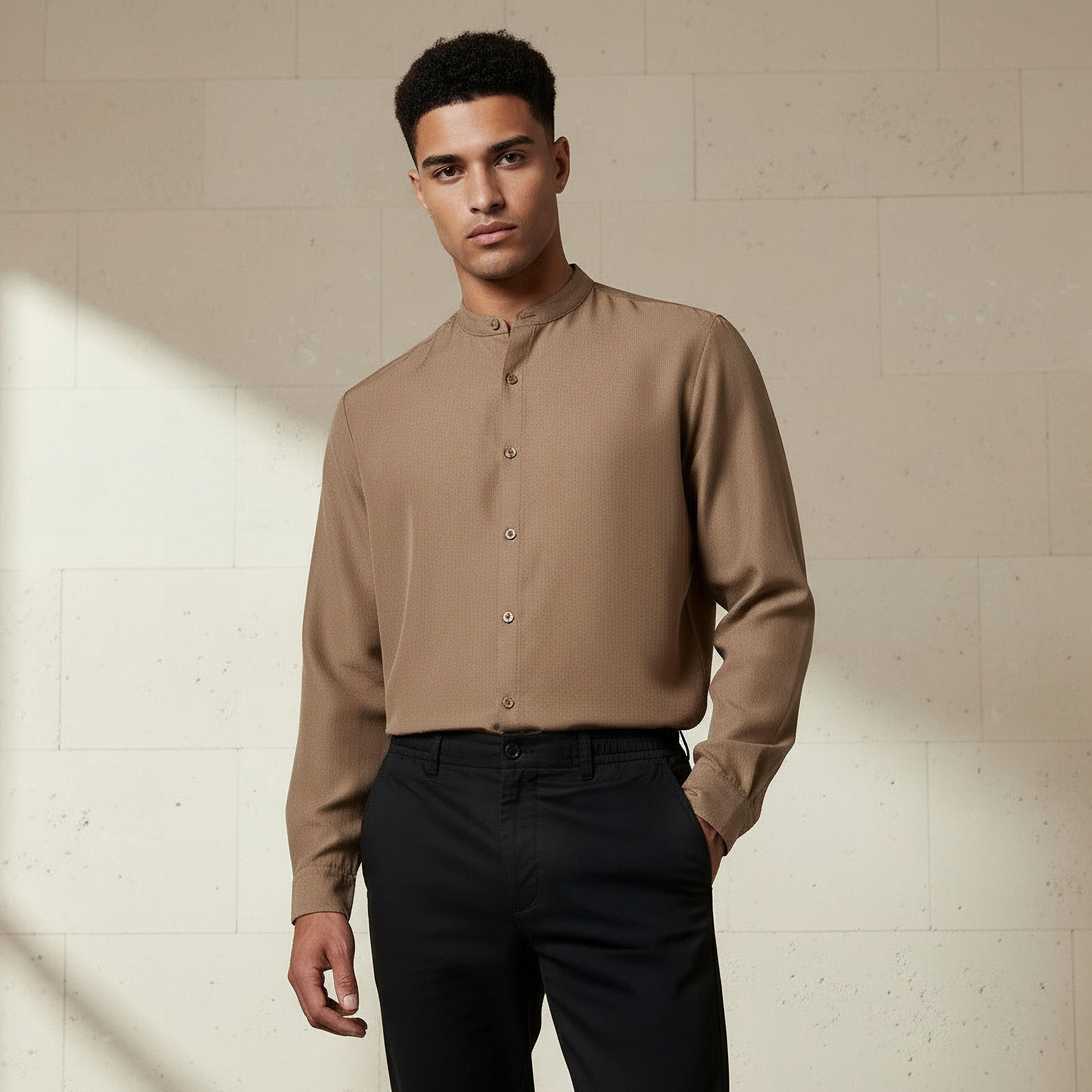 Men Regular Fit Mandarin Collar Long Sleeves Linen Look Shirt-men-clothing-shirts-image-1