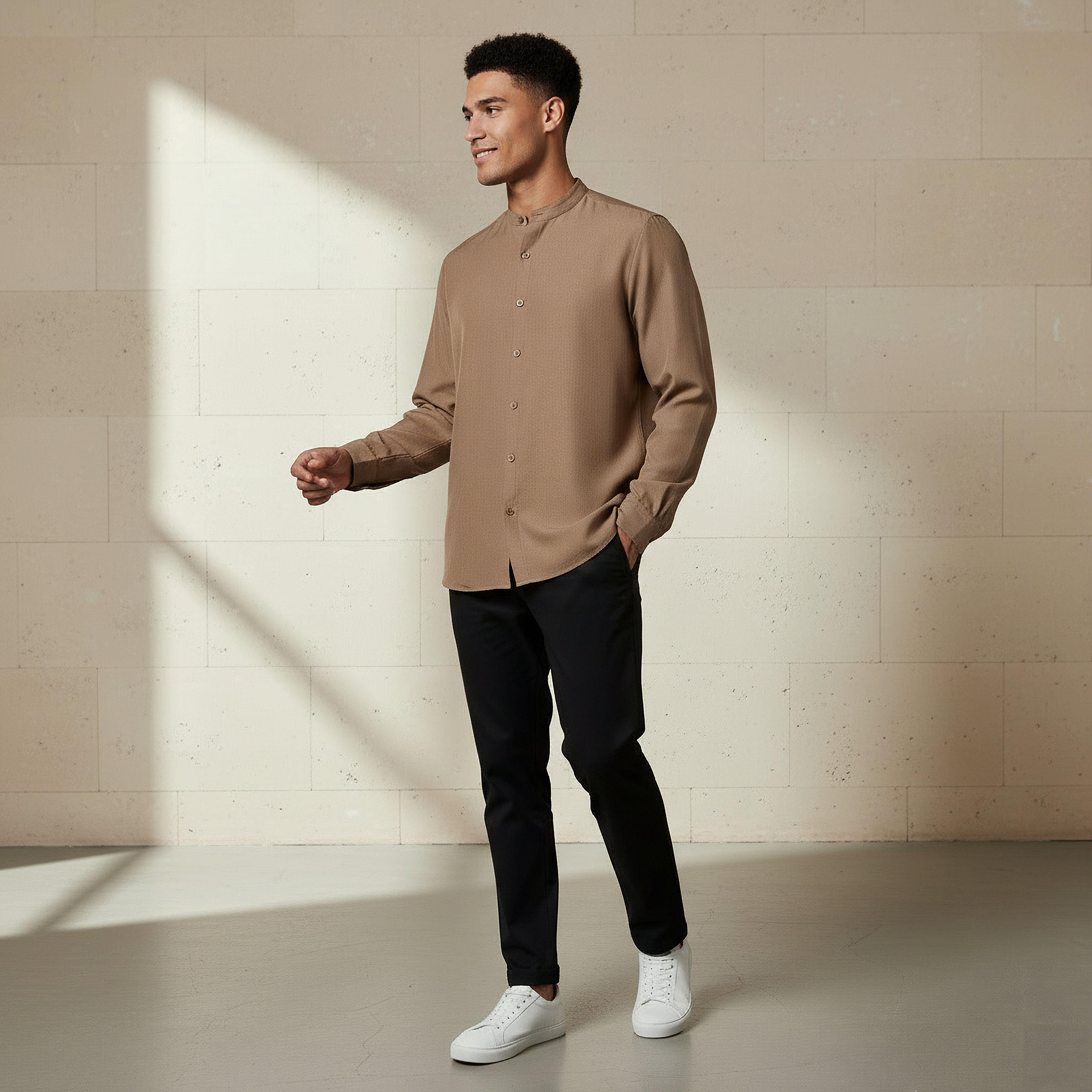 Men Regular Fit Mandarin Collar Long Sleeves Linen Look Shirt-men-clothing-shirts-image-2