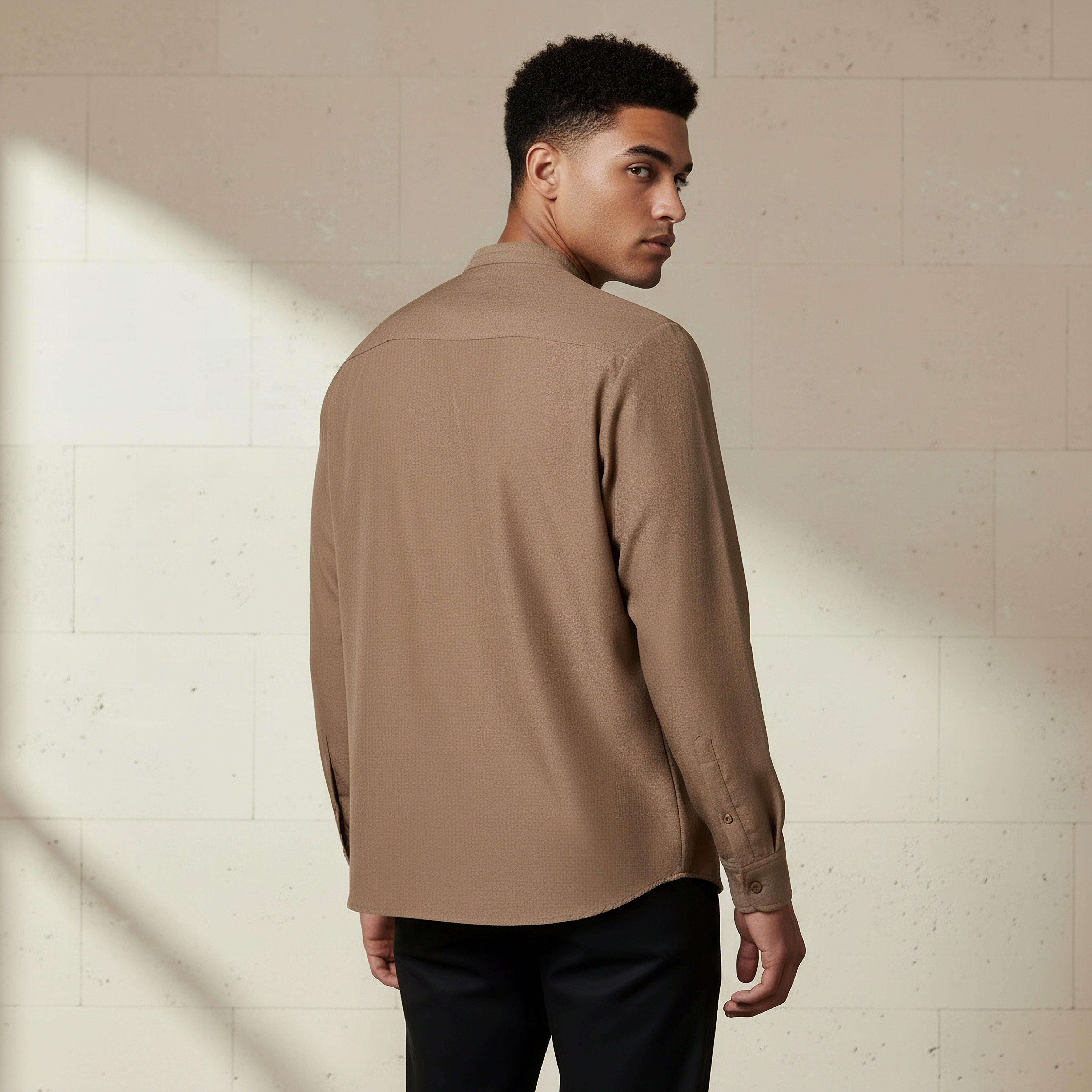 Men Regular Fit Mandarin Collar Long Sleeves Linen Look Shirt-men-clothing-shirts-image-3