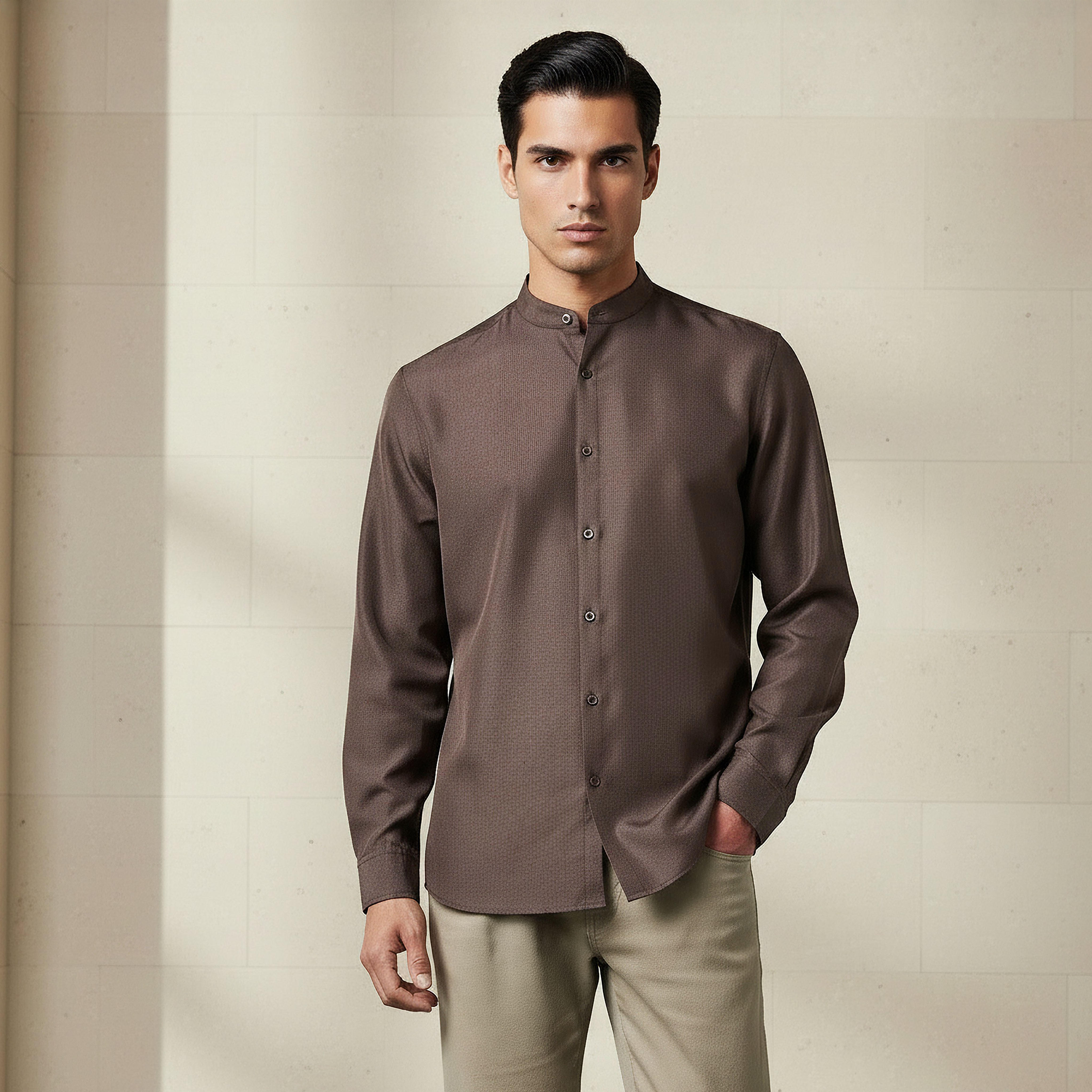 Men Regular Fit Mandarin Collar Long Sleeves Linen Look Shirt-men-clothing-shirts-image-1