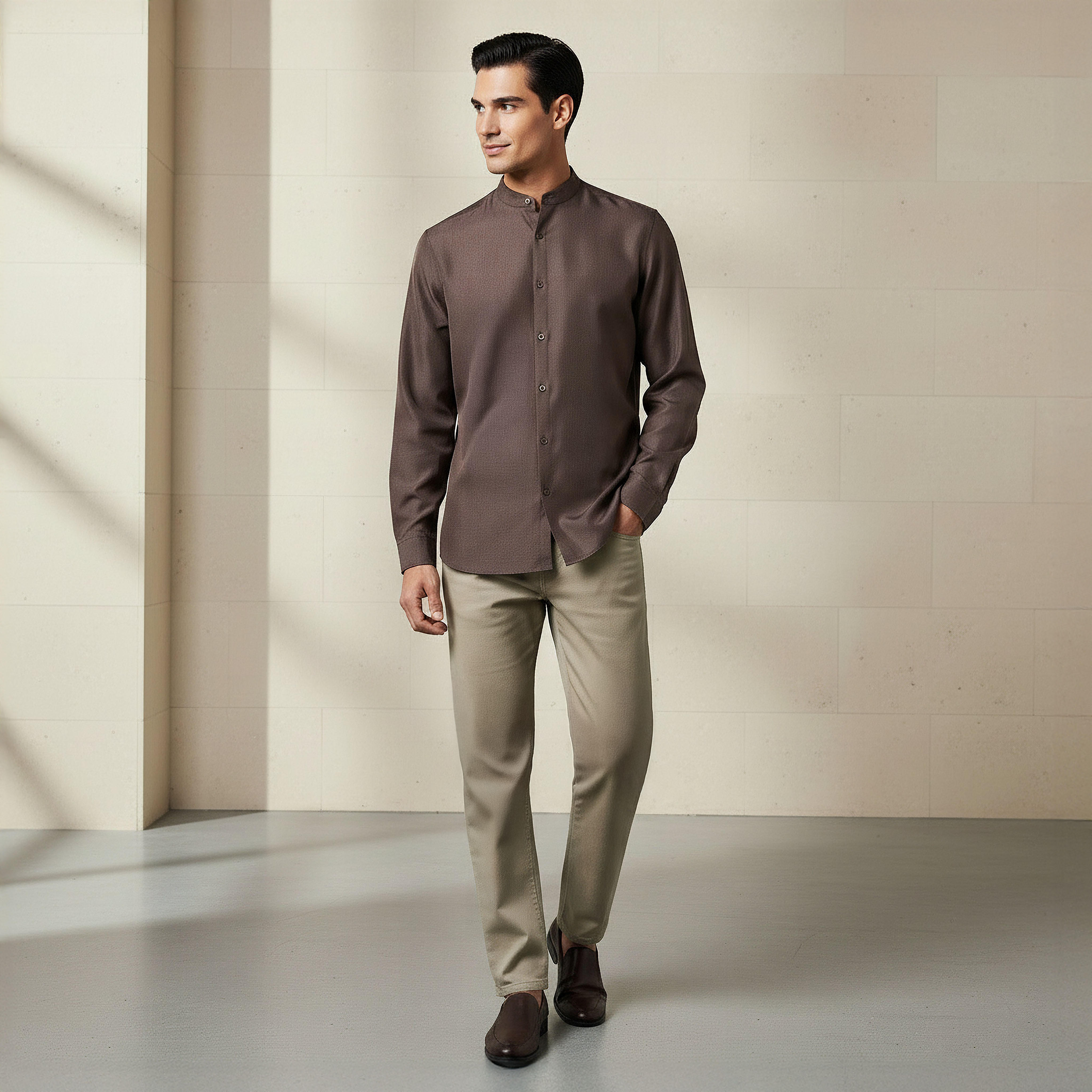Men Regular Fit Mandarin Collar Long Sleeves Linen Look Shirt-men-clothing-shirts-image-2