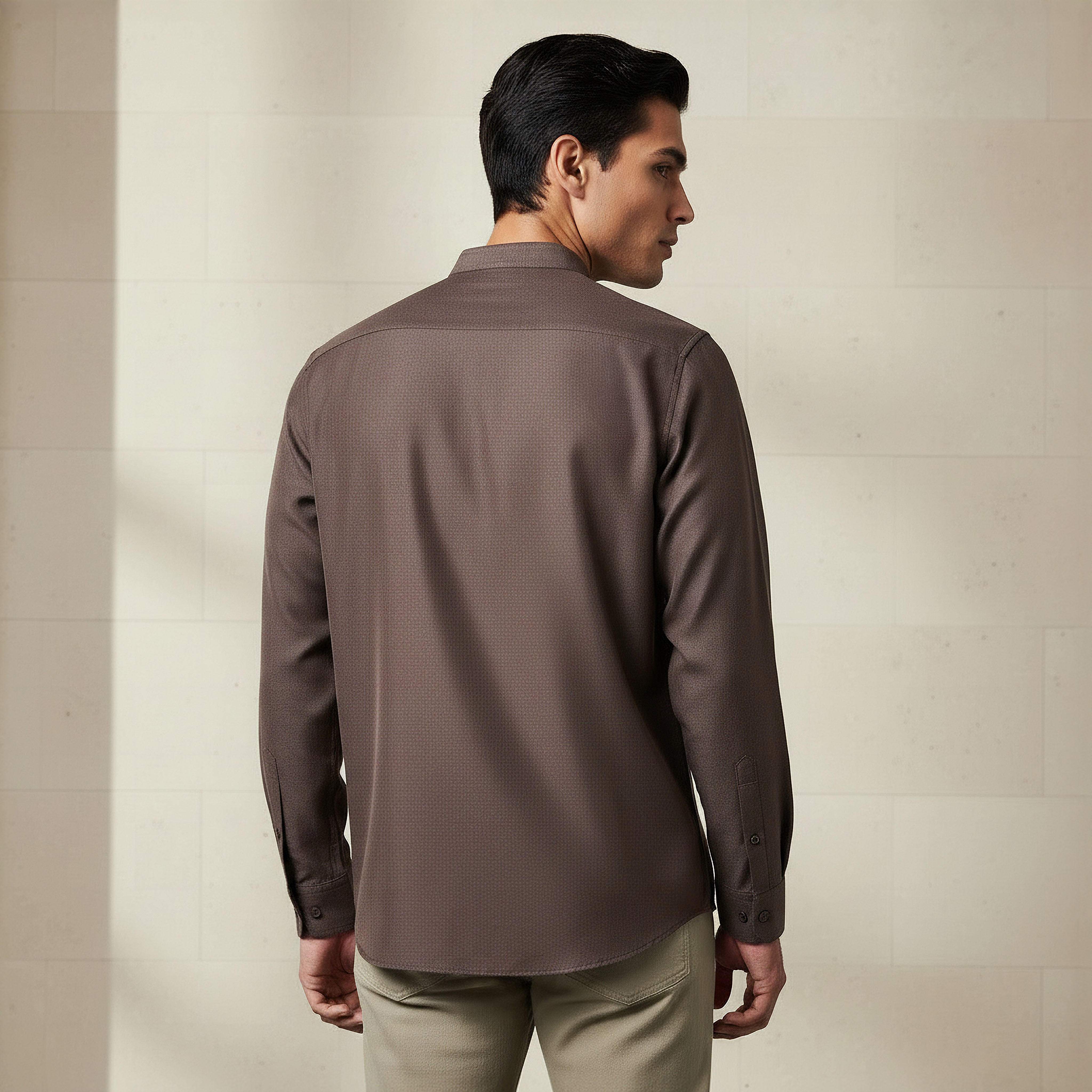Men Regular Fit Mandarin Collar Long Sleeves Linen Look Shirt-men-clothing-shirts-image-3
