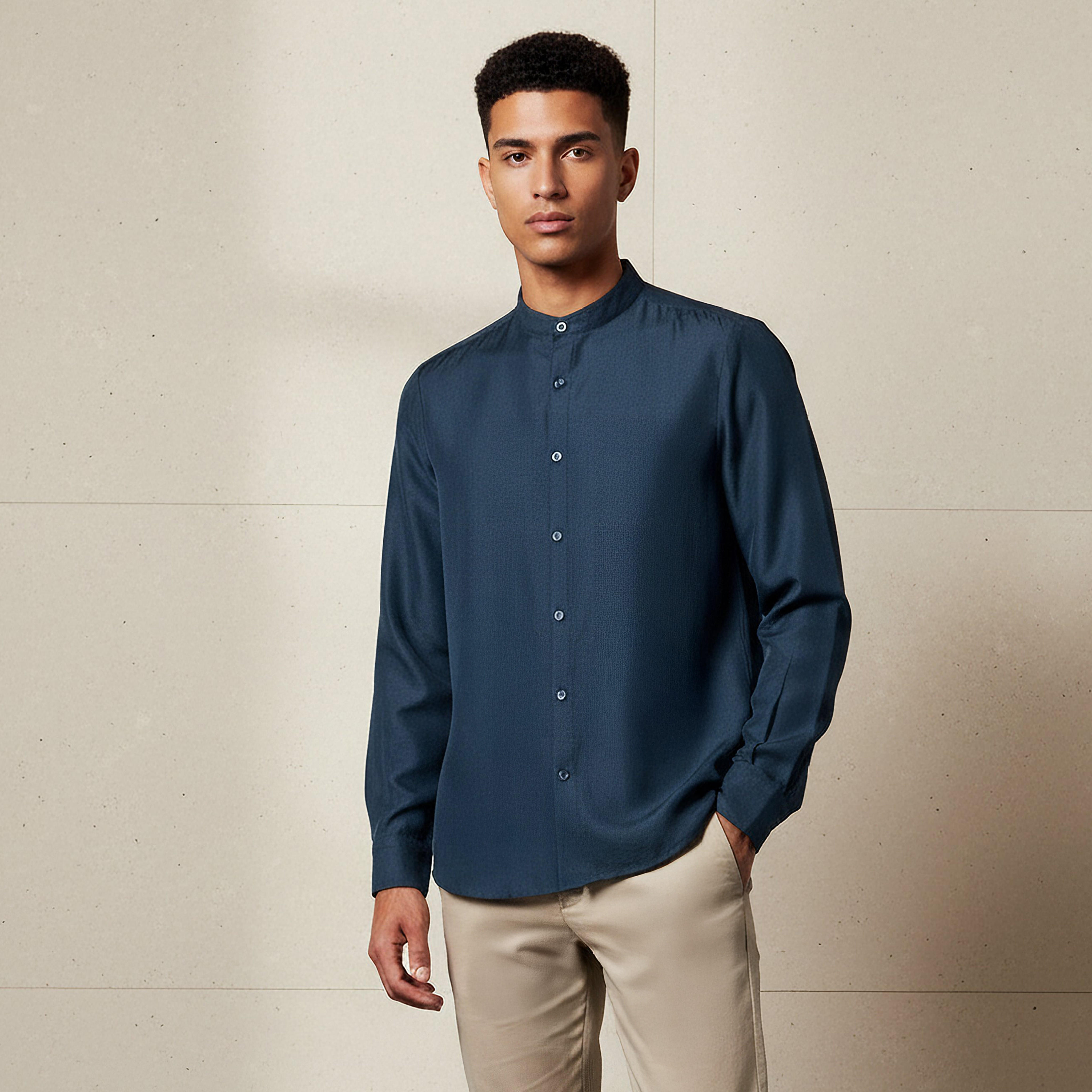 Men Regular Fit Mandarin Collar Long Sleeves Linen Look Shirt-men-clothing-shirts-image-1