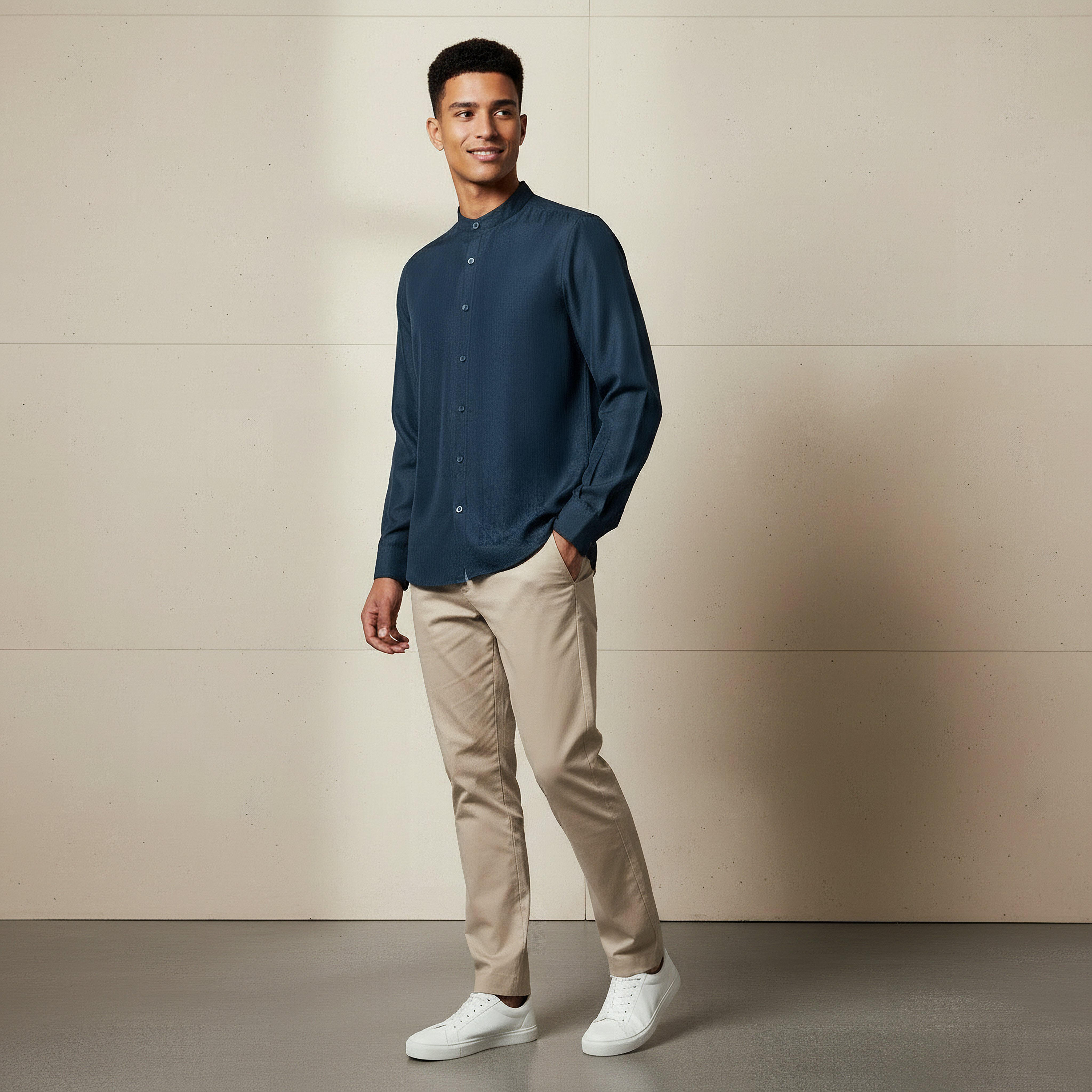 Men Regular Fit Mandarin Collar Long Sleeves Linen Look Shirt-men-clothing-shirts-image-2