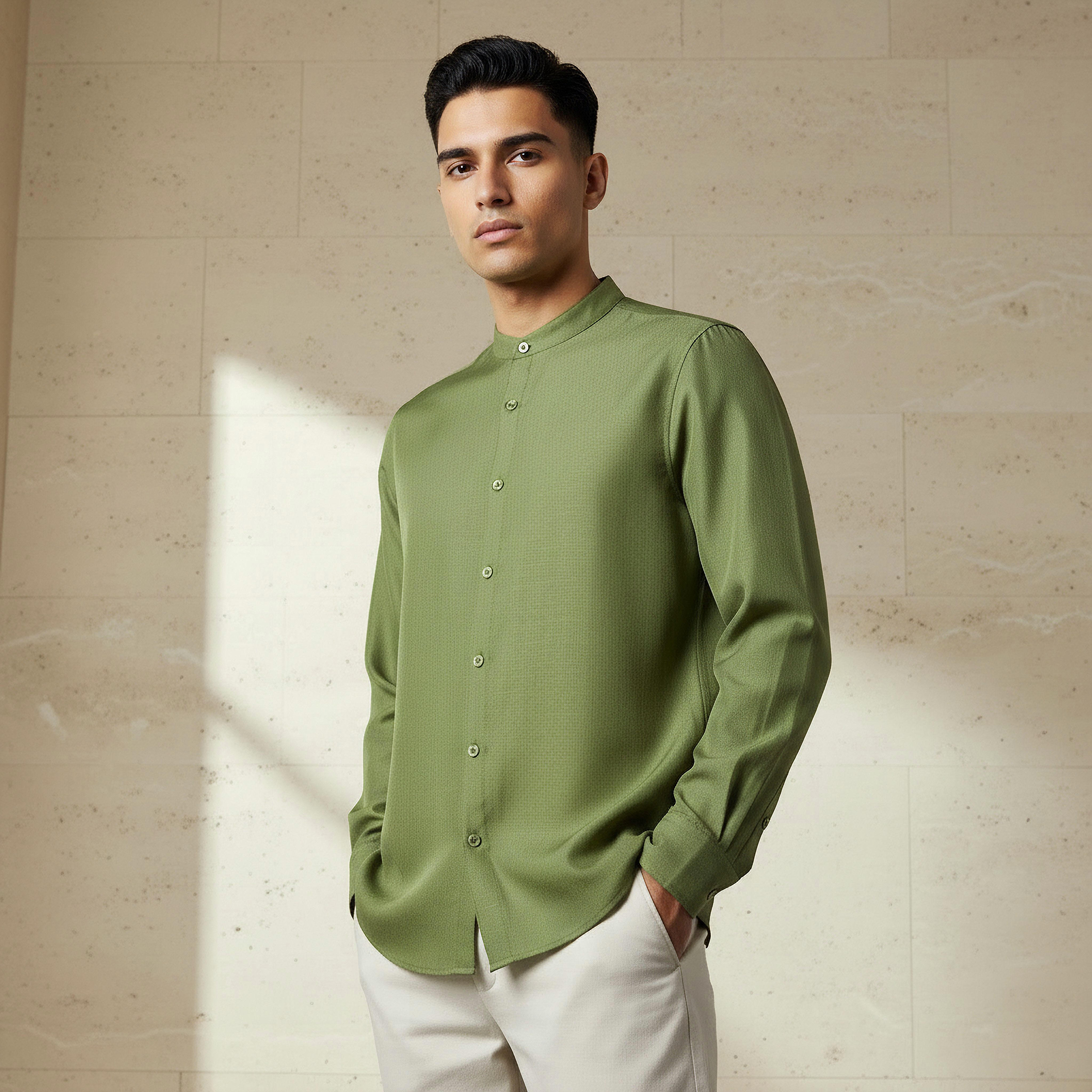 Men Regular Fit Mandarin Collar Long Sleeves Linen Look Shirt-men-clothing-shirts-image-1