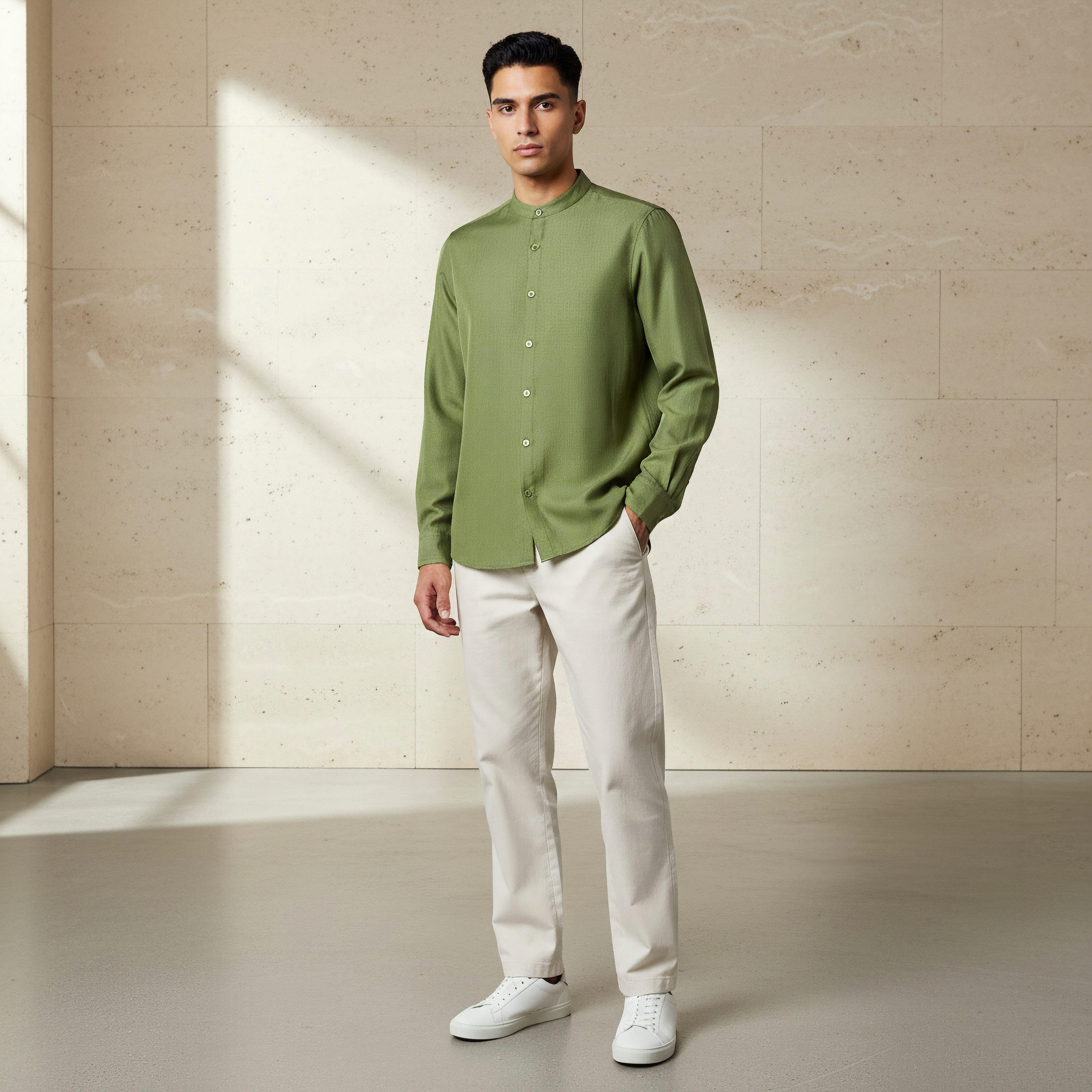 Men Regular Fit Mandarin Collar Long Sleeves Linen Look Shirt-men-clothing-shirts-image-2