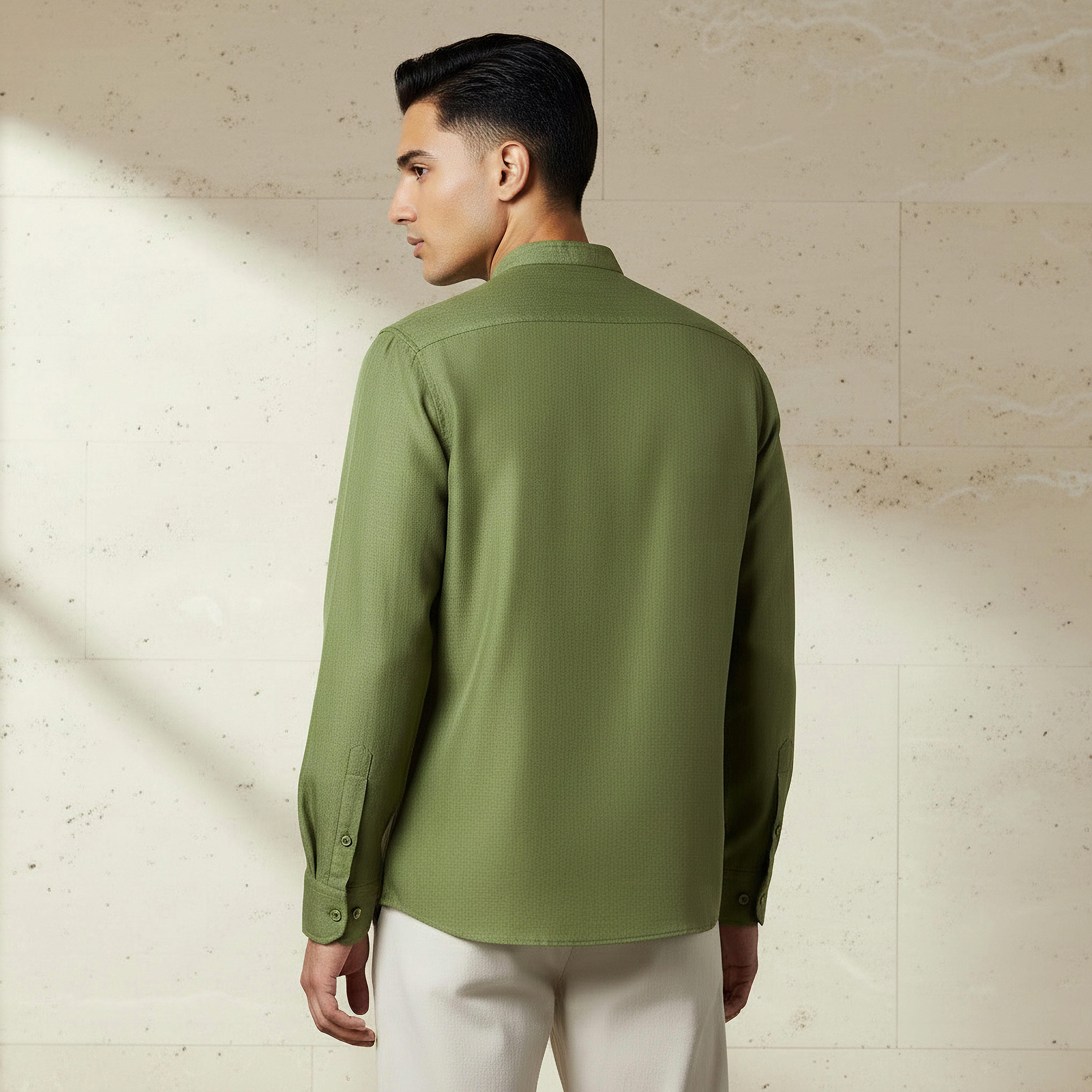 Men Regular Fit Mandarin Collar Long Sleeves Linen Look Shirt-men-clothing-shirts-image-3