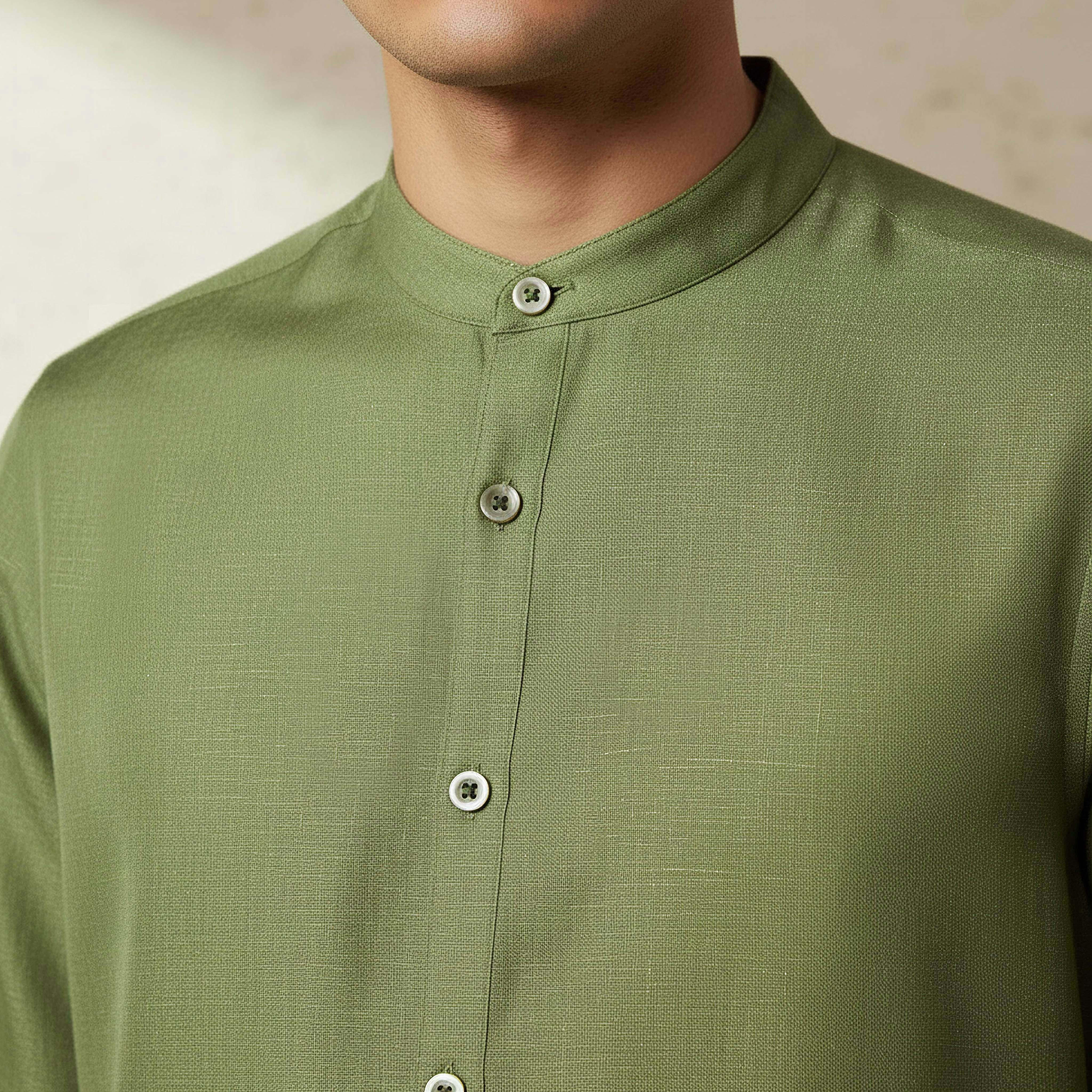 Men Regular Fit Mandarin Collar Long Sleeves Linen Look Shirt-men-clothing-shirts-image-4