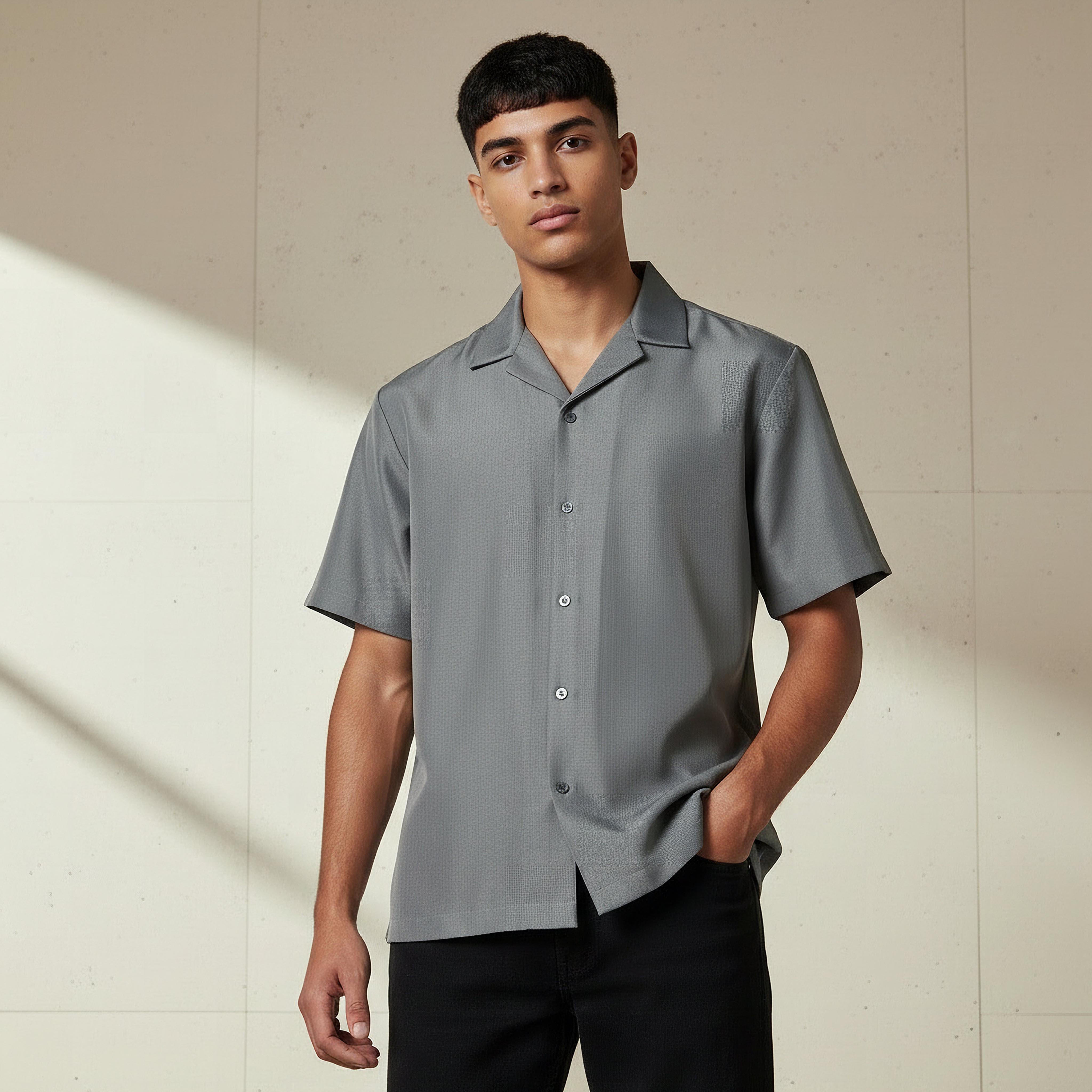 Men Regular Fit Camp Collar Textured Short Sleeves Shirt-men-clothing-shirts-image-1