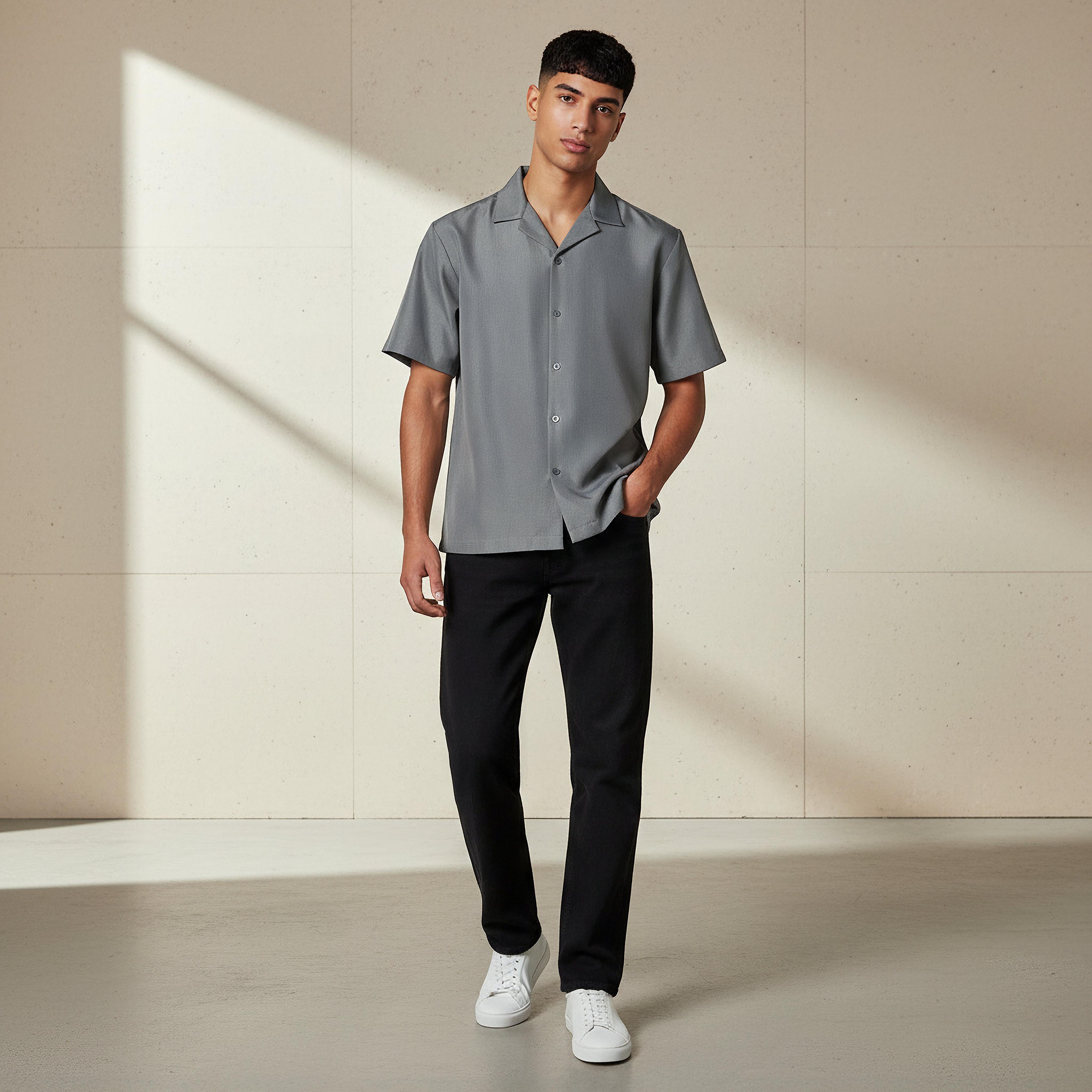 Men Regular Fit Camp Collar Textured Short Sleeves Shirt-men-clothing-shirts-image-2