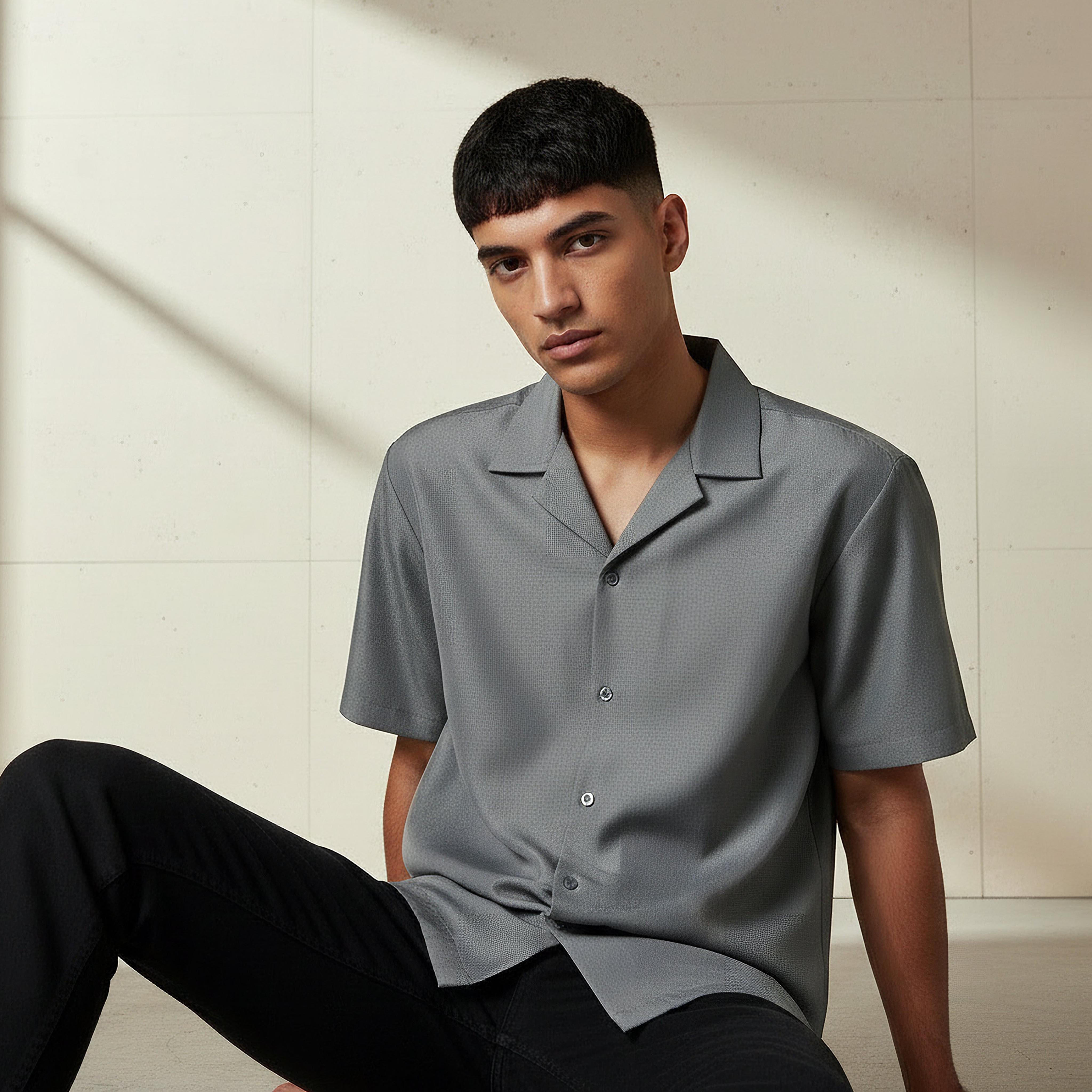 Men Regular Fit Camp Collar Textured Short Sleeves Shirt-men-clothing-shirts-image-5