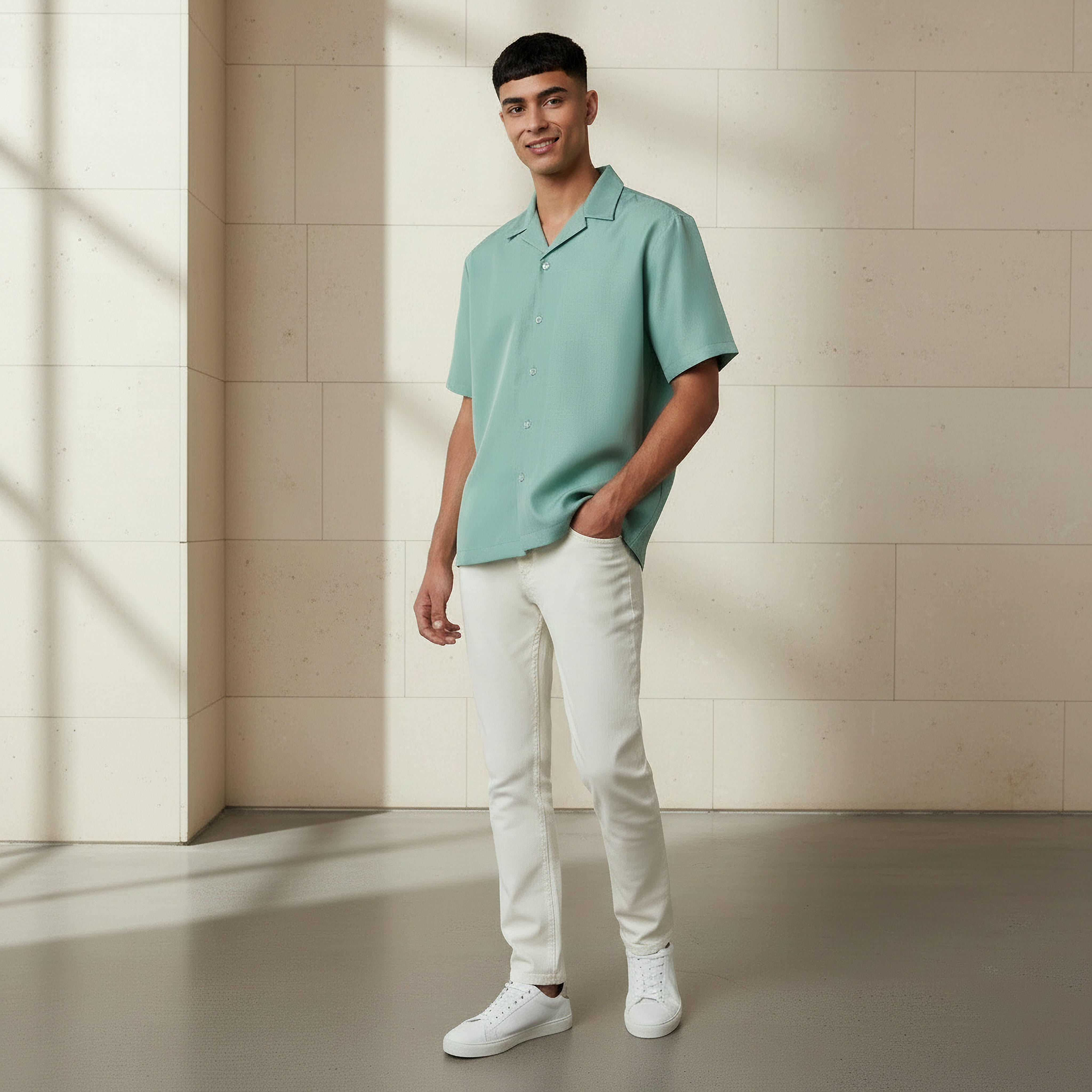قميص بارز الملمس بياقة كامب وأكمام قصيرة وقصة عادية للرجال-men-clothing-shirts-image-2