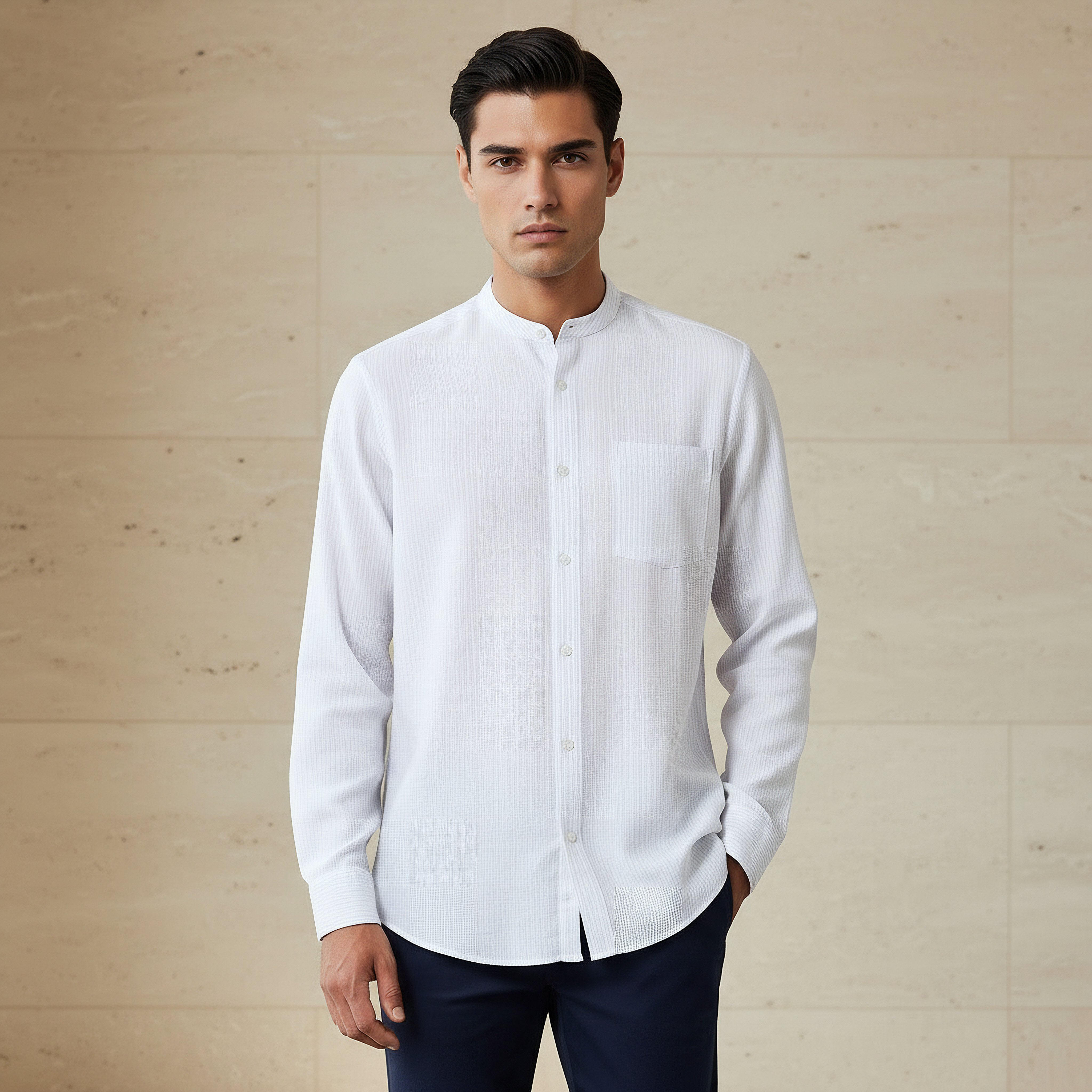 قميص مخطط بياقة ماندرين وأكمام طويلة وقصة عادية للرجال-men-clothing-shirts-image-1