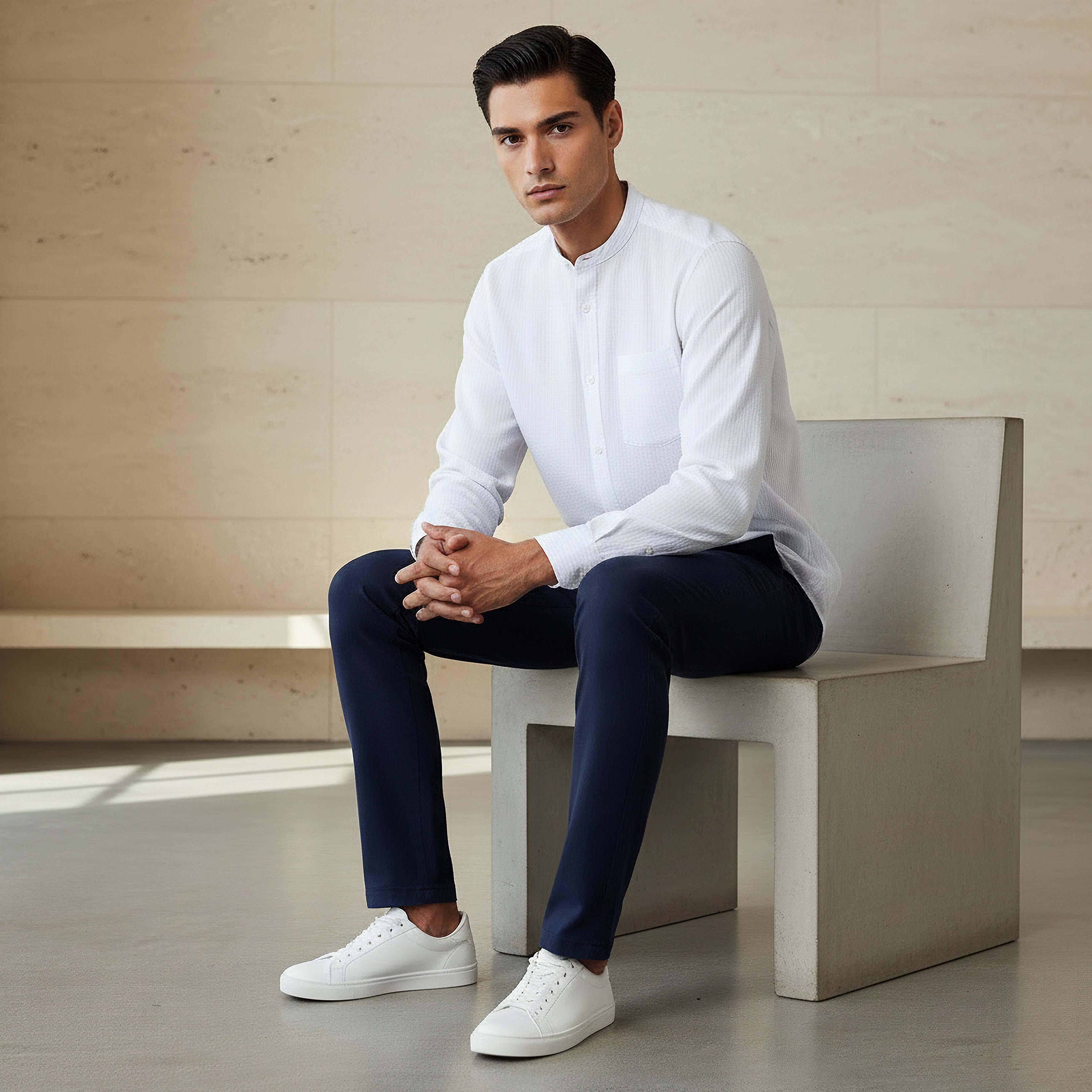 قميص مخطط بياقة ماندرين وأكمام طويلة وقصة عادية للرجال-men-clothing-shirts-image-2
