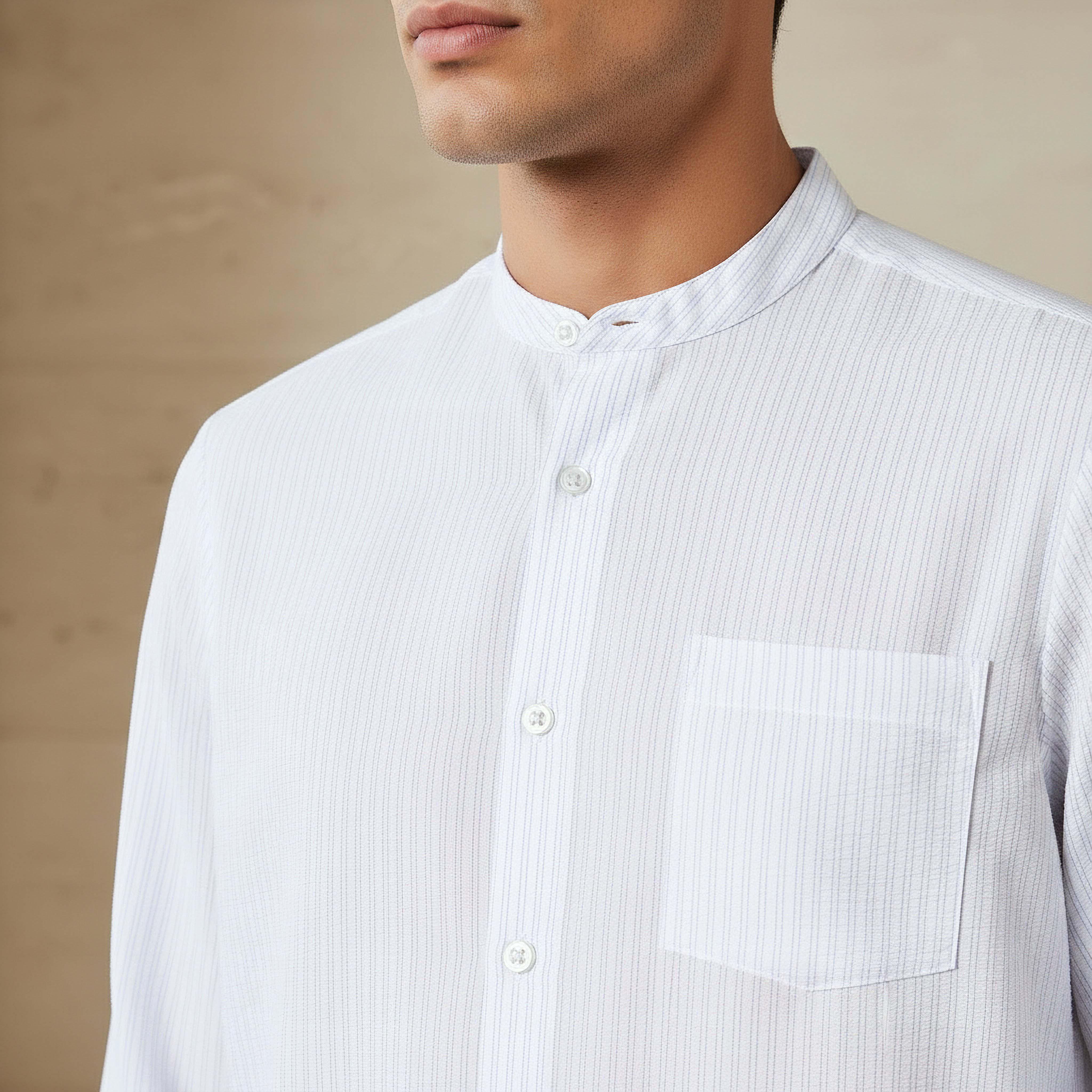 قميص مخطط بياقة ماندرين وأكمام طويلة وقصة عادية للرجال-men-clothing-shirts-image-4