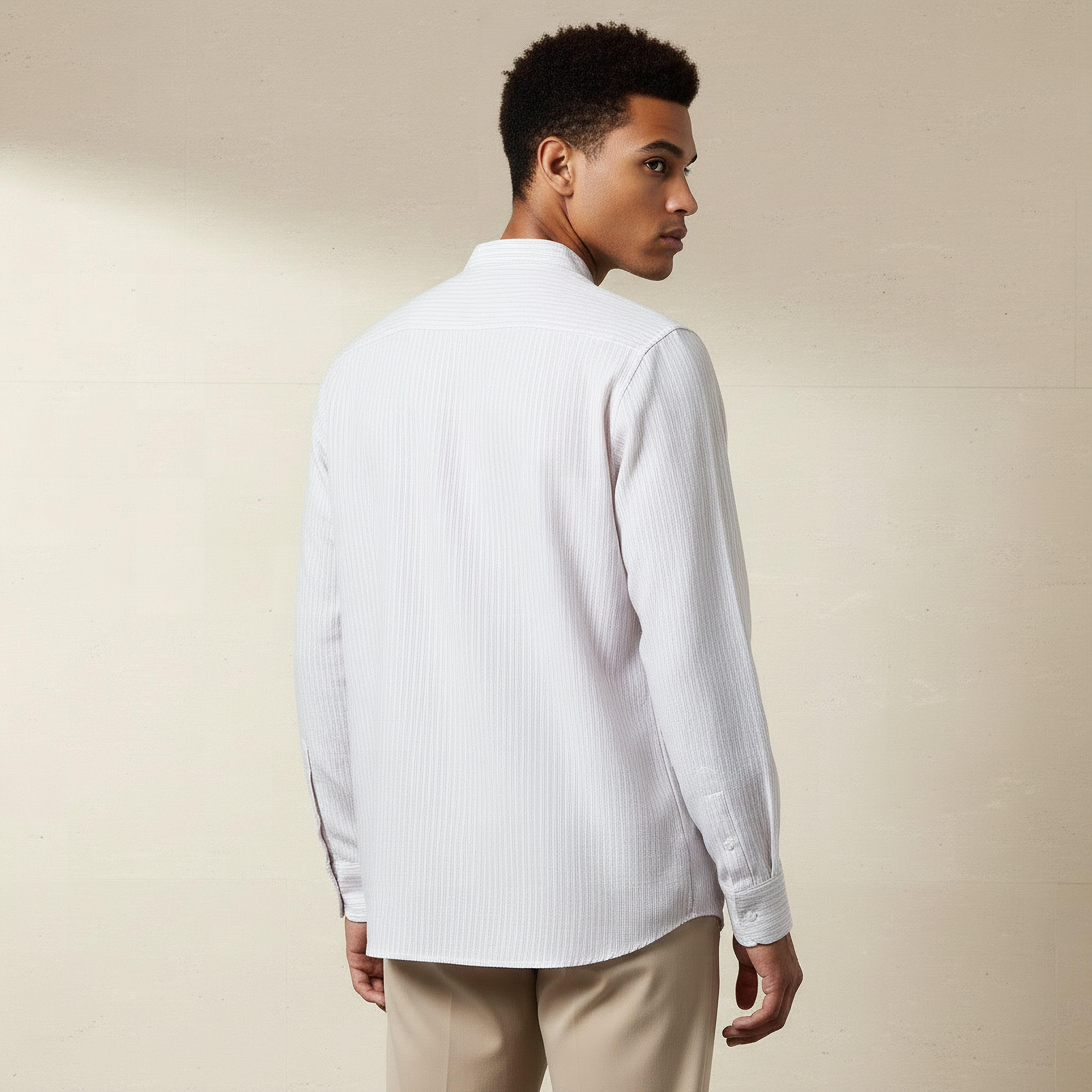 Men Regular Fit Mandarin Collar Striped Long Sleeves Shirt-men-clothing-shirts-image-3