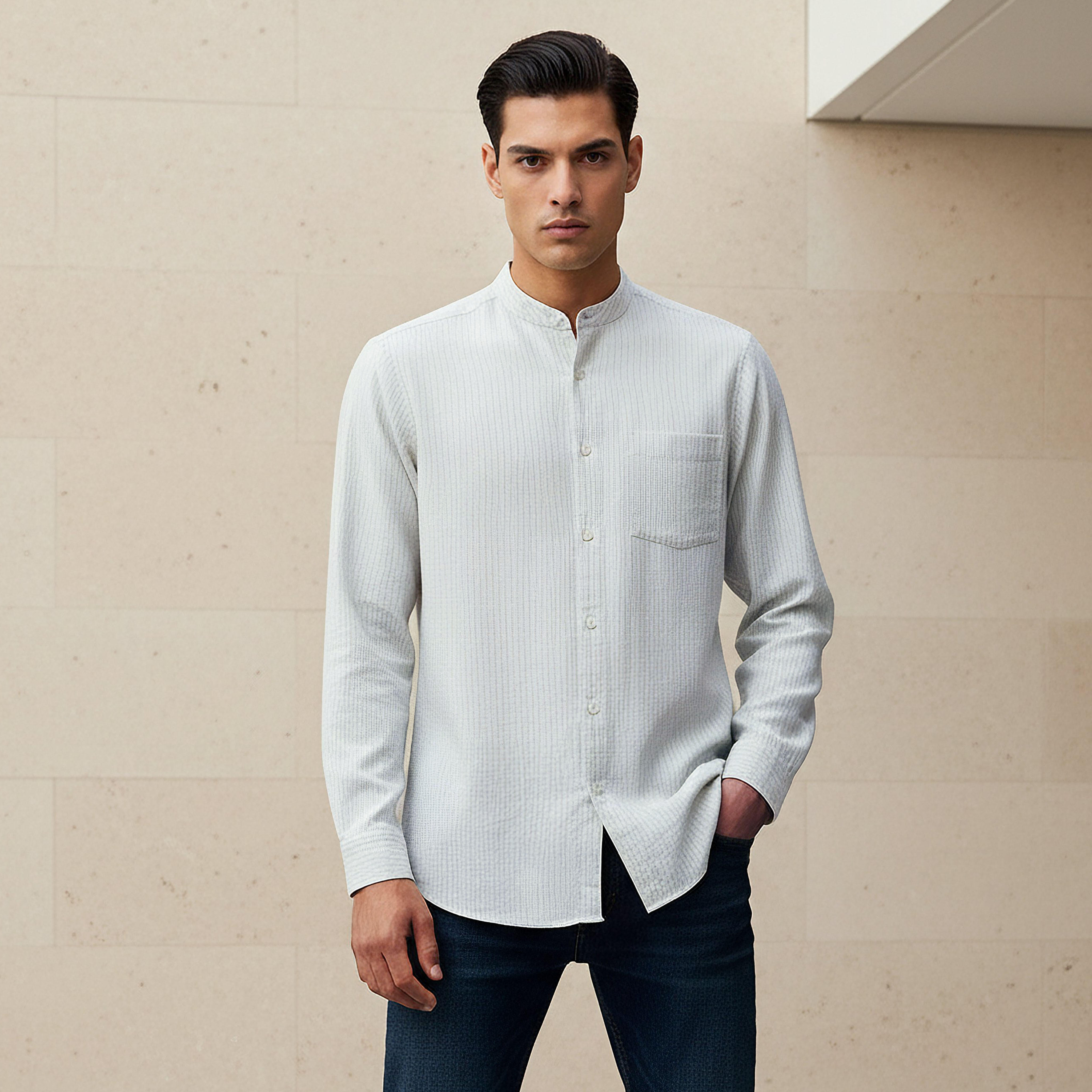 قميص مخطط بياقة ماندرين وأكمام طويلة وقصة عادية للرجال-men-clothing-shirts-image-1