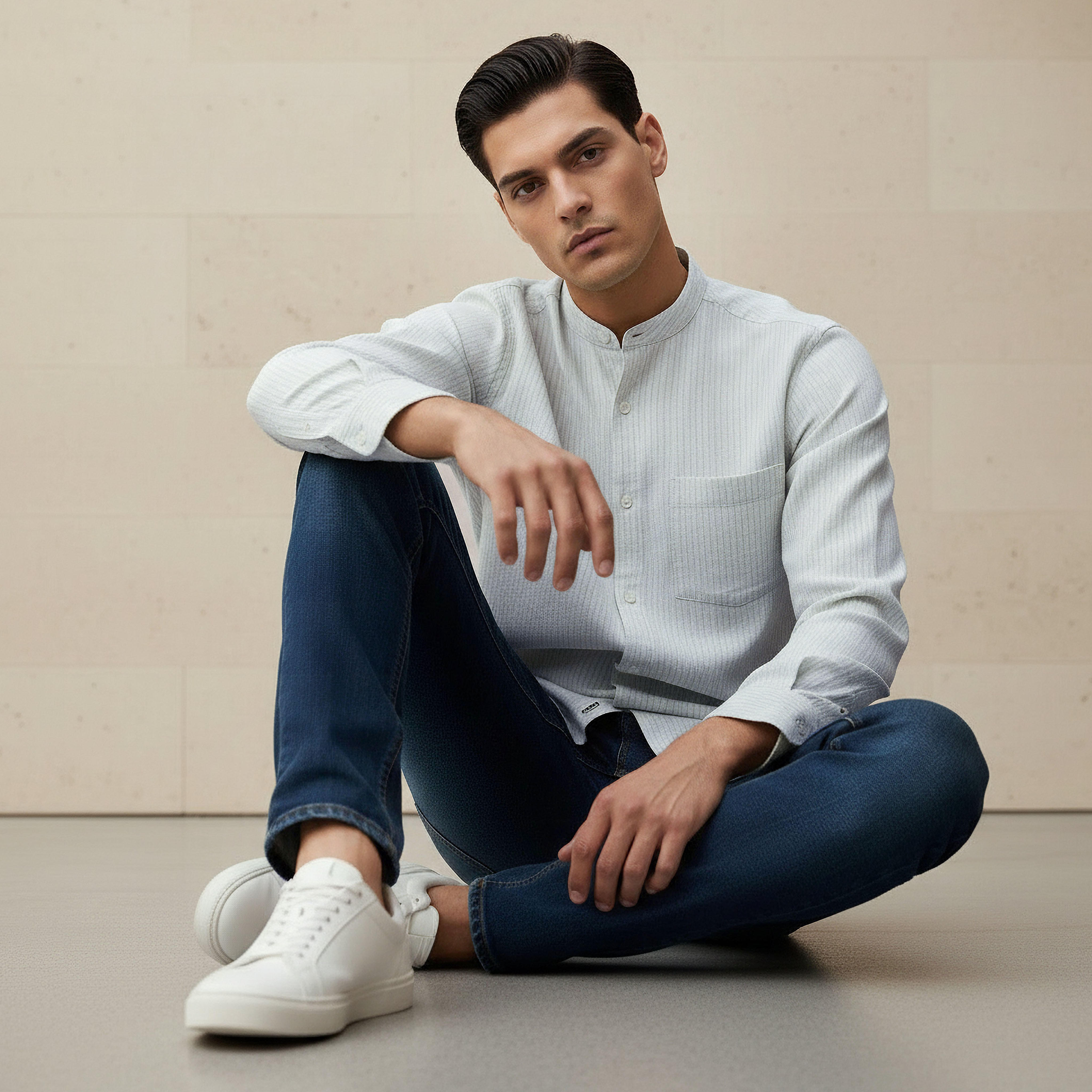قميص مخطط بياقة ماندرين وأكمام طويلة وقصة عادية للرجال-men-clothing-shirts-image-2