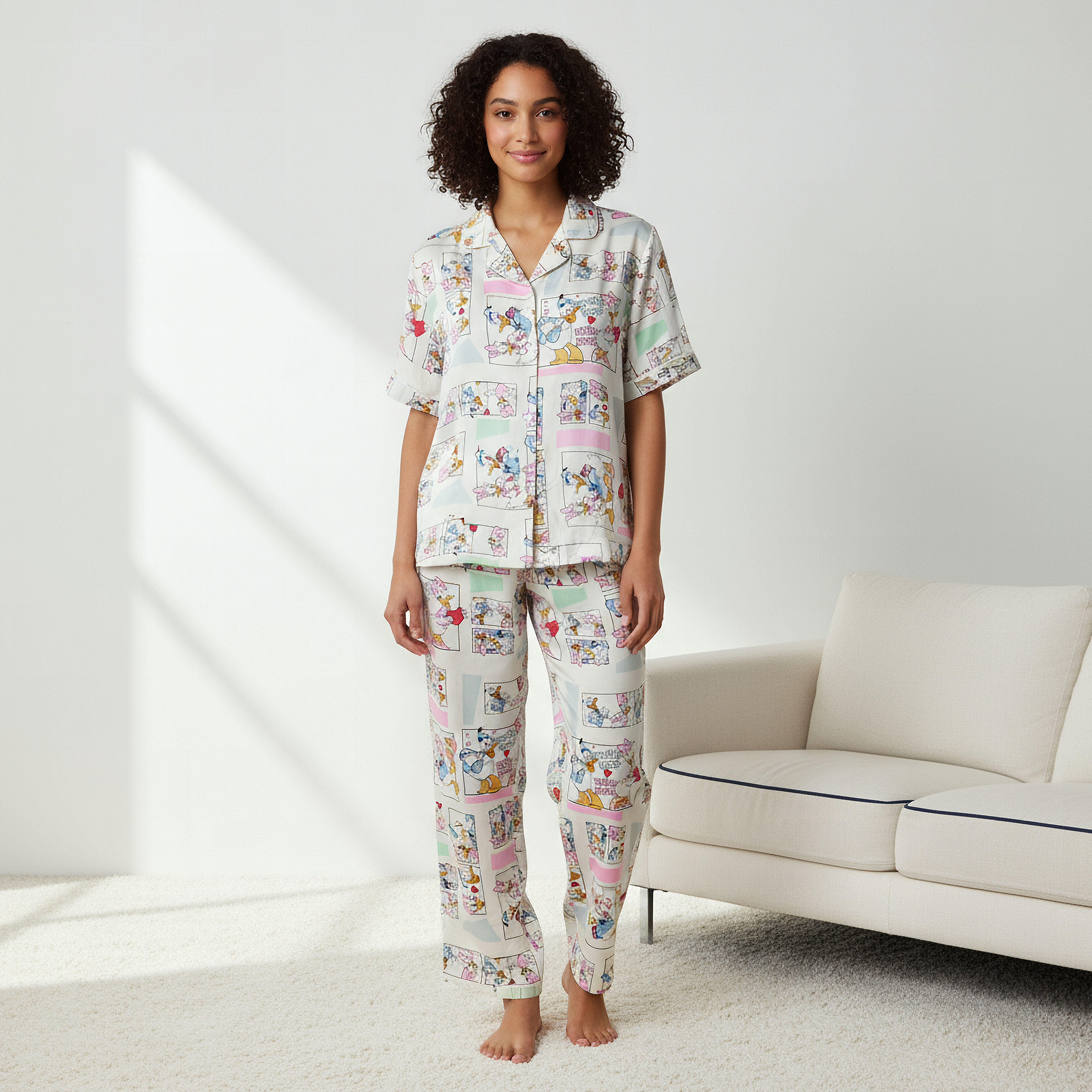 طقم بيجاما فيسكوز بنطلون وقميص بأزرار-women-clothing-nightwear-pyjamas-longsets-image-1
