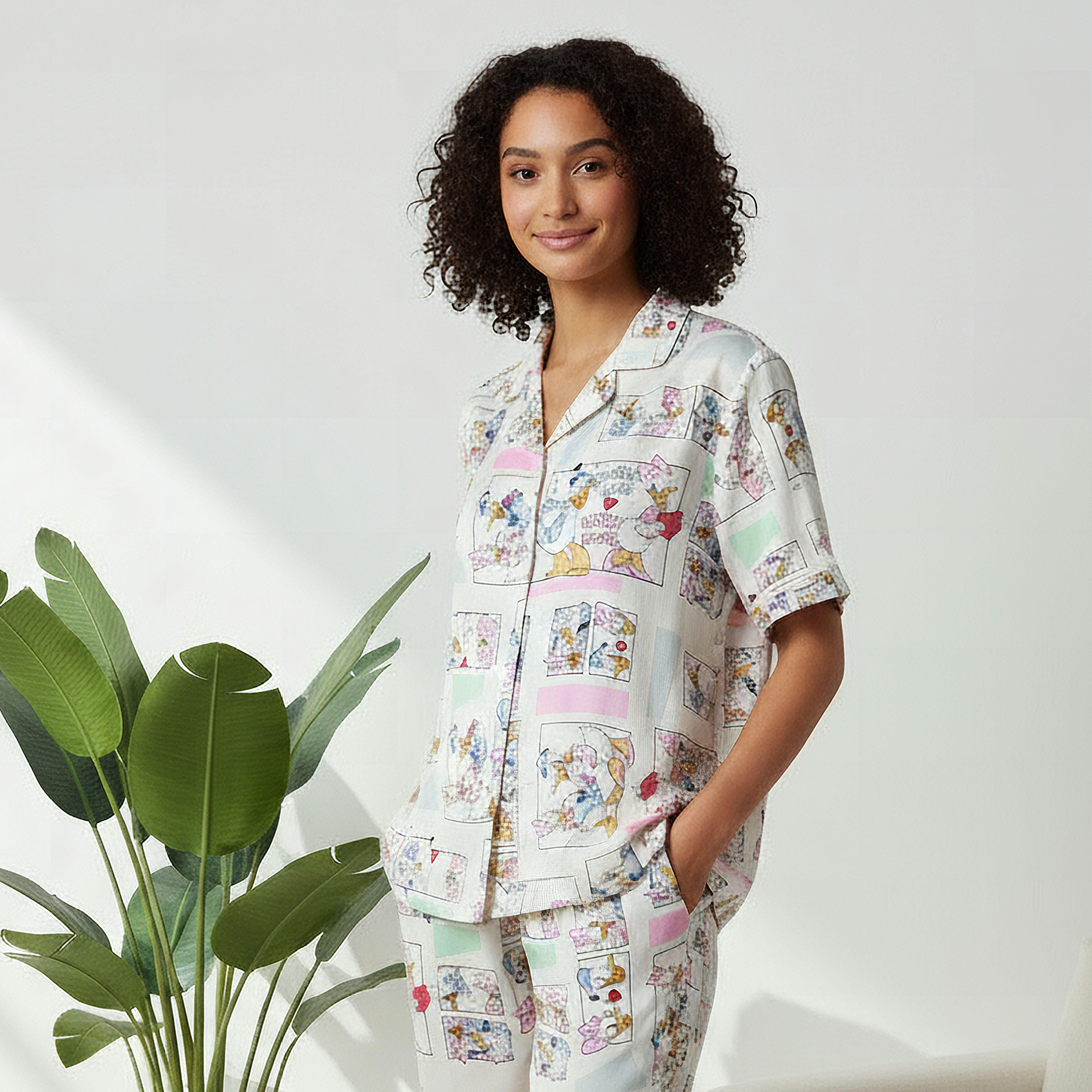 طقم بيجاما فيسكوز بنطلون وقميص بأزرار-women-clothing-nightwear-pyjamas-longsets-image-2