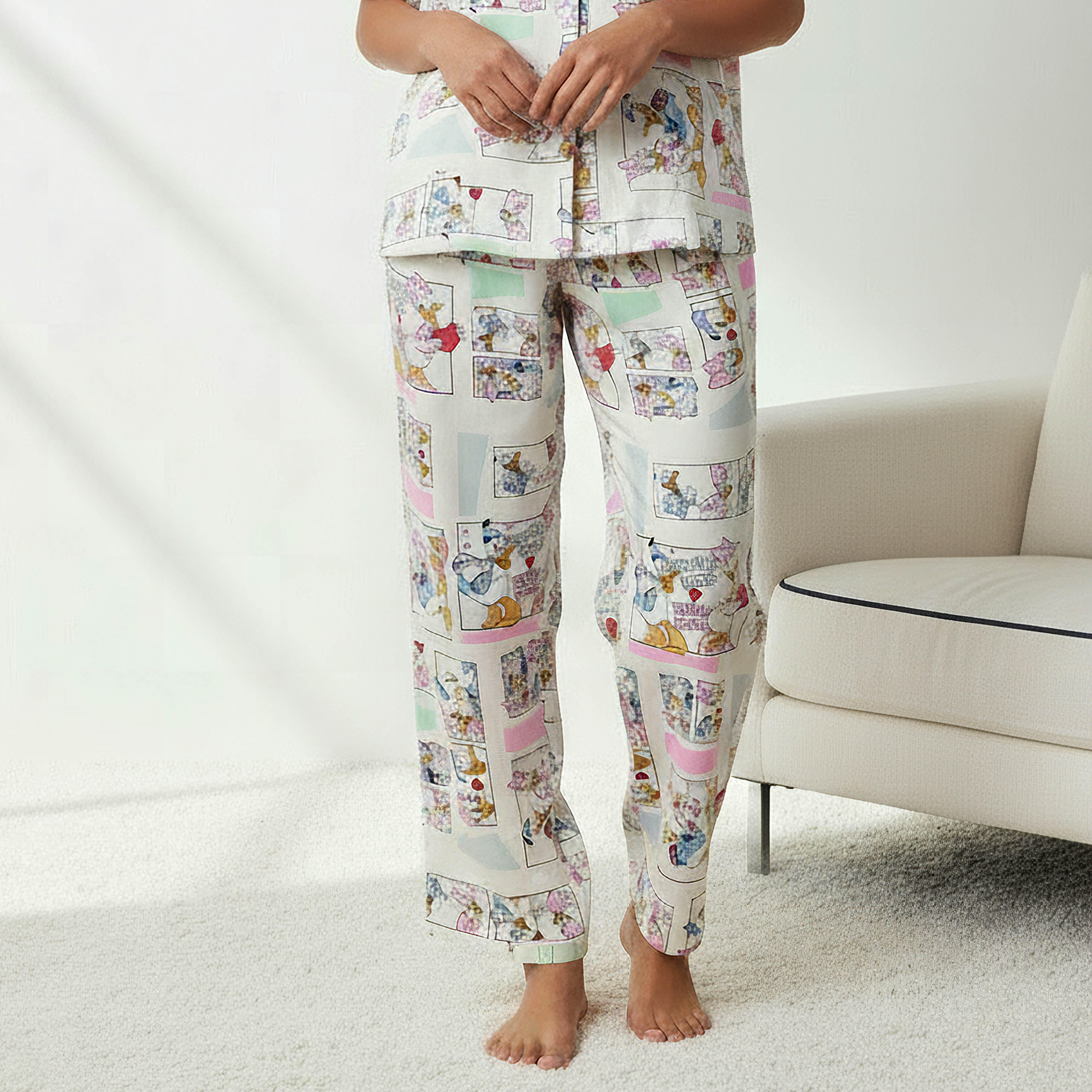طقم بيجاما فيسكوز بنطلون وقميص بأزرار-women-clothing-nightwear-pyjamas-longsets-image-4