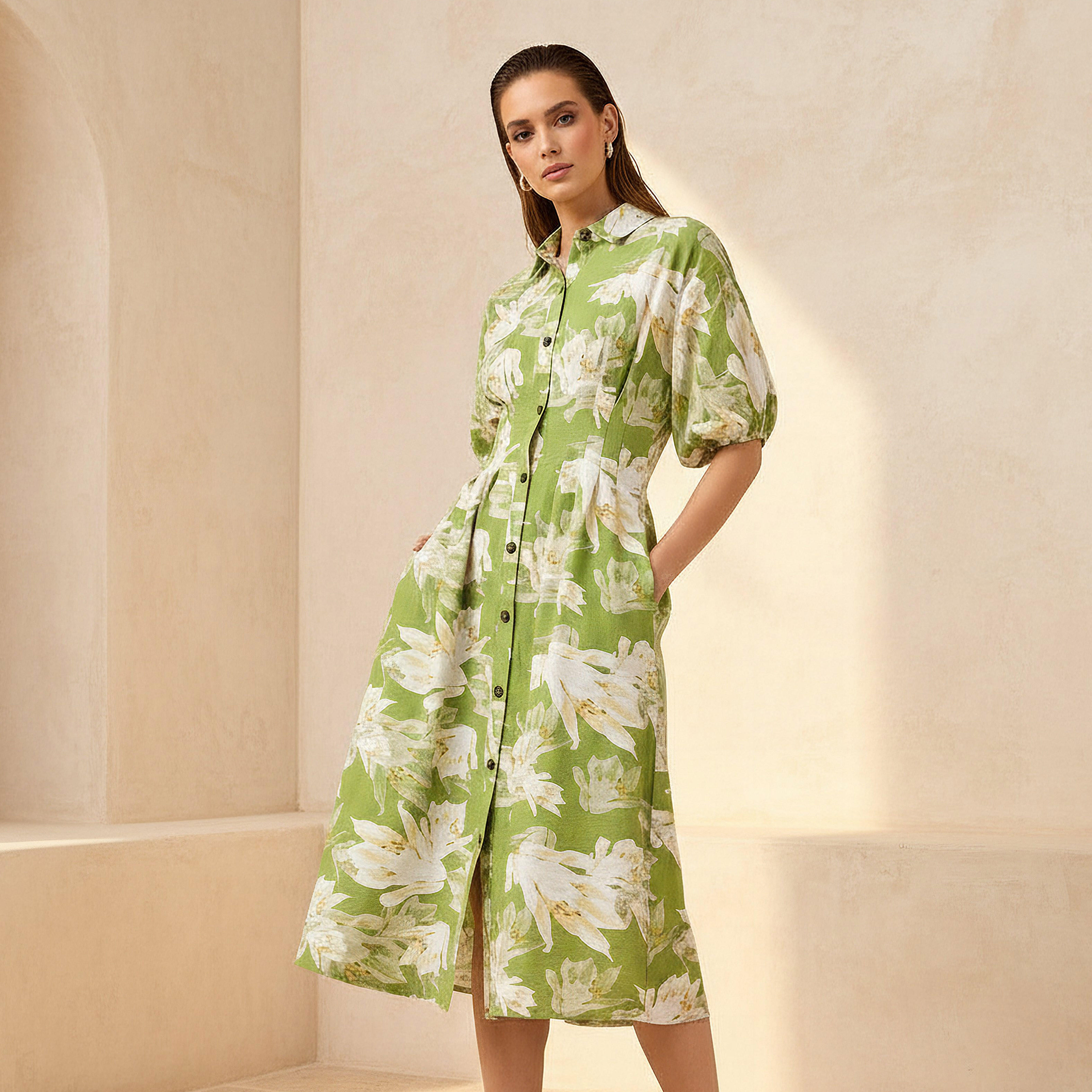 Floral Print Shirt Style Women Dress with Collar Viscose-PROMO_SP_AE_2FOR169_110625-image-1