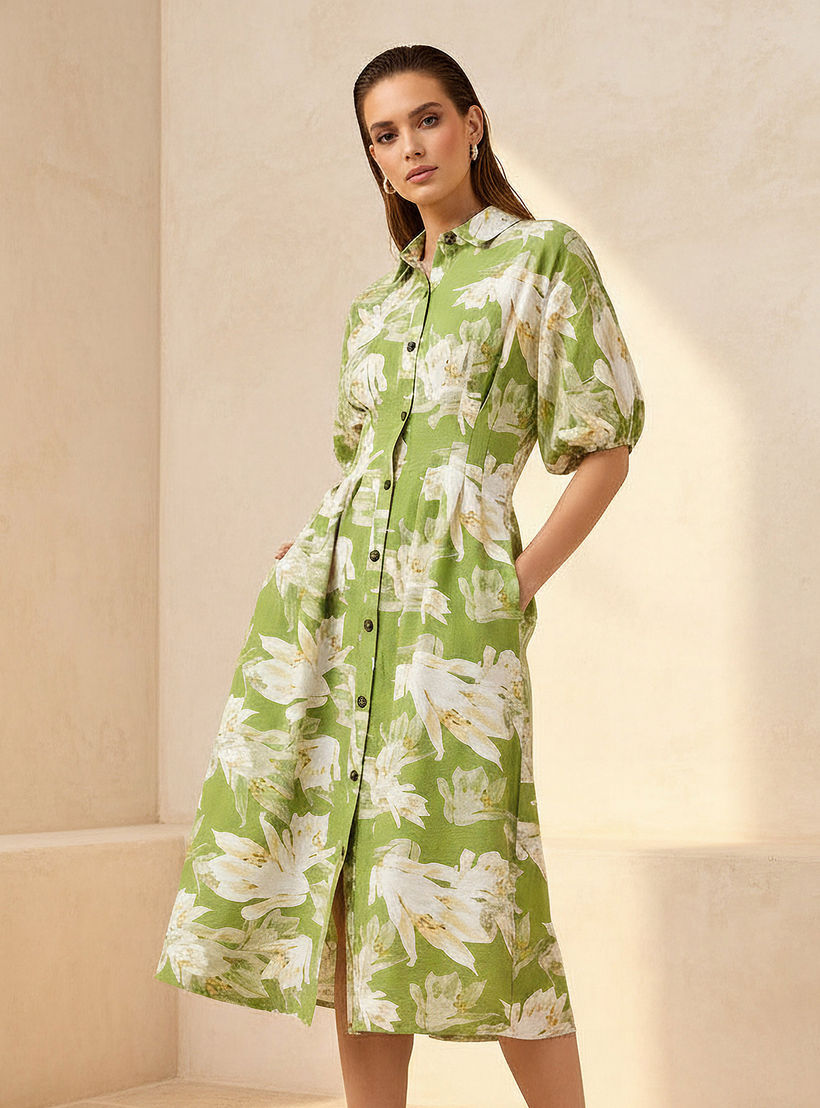 Floral Print Shirt Style Women Dress with Collar Viscose-PROMO_SP_AE_2FOR169_110625-image-1