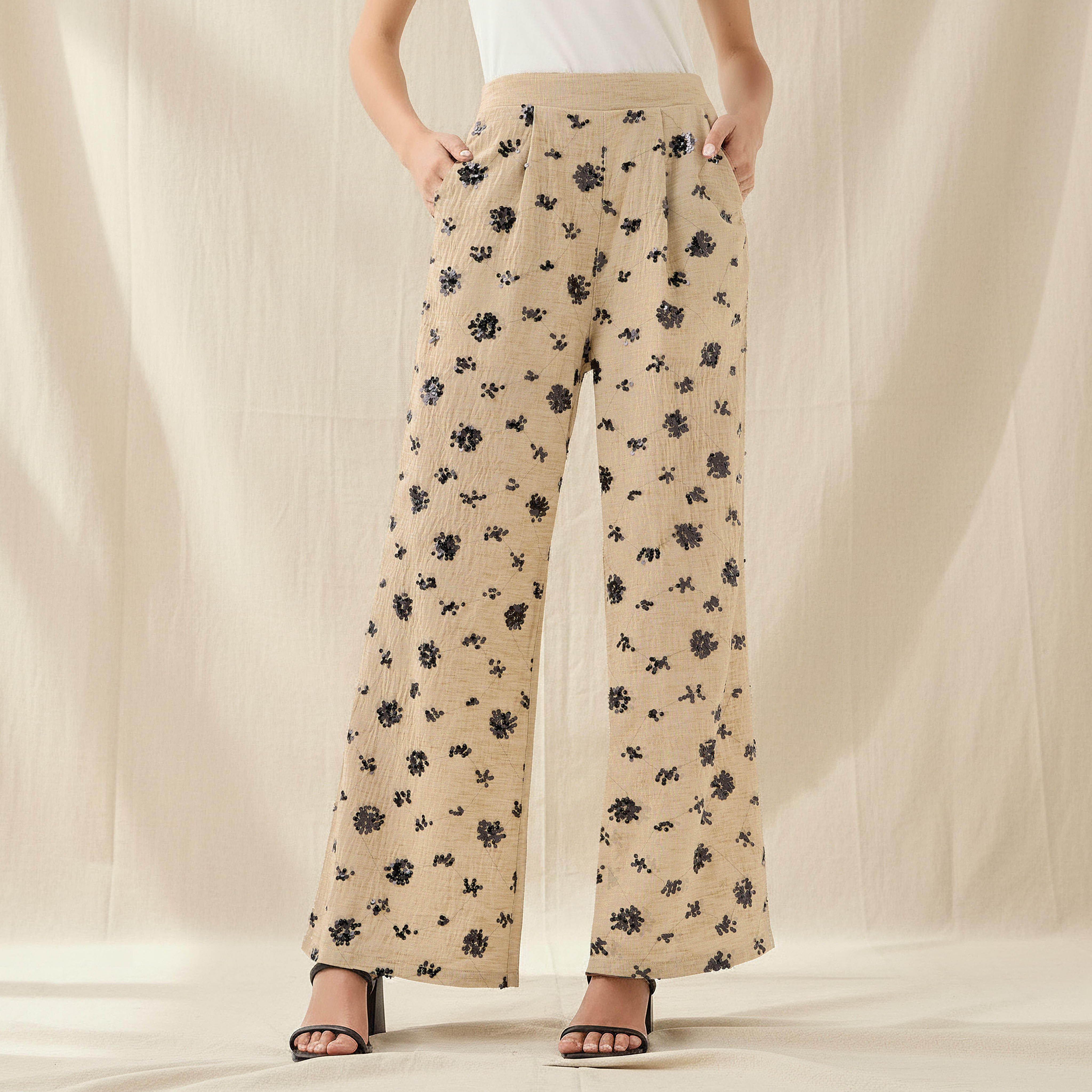 Wide-Leg Trousers with Sequin Embellishment-women-clothing-coordsets-image-1