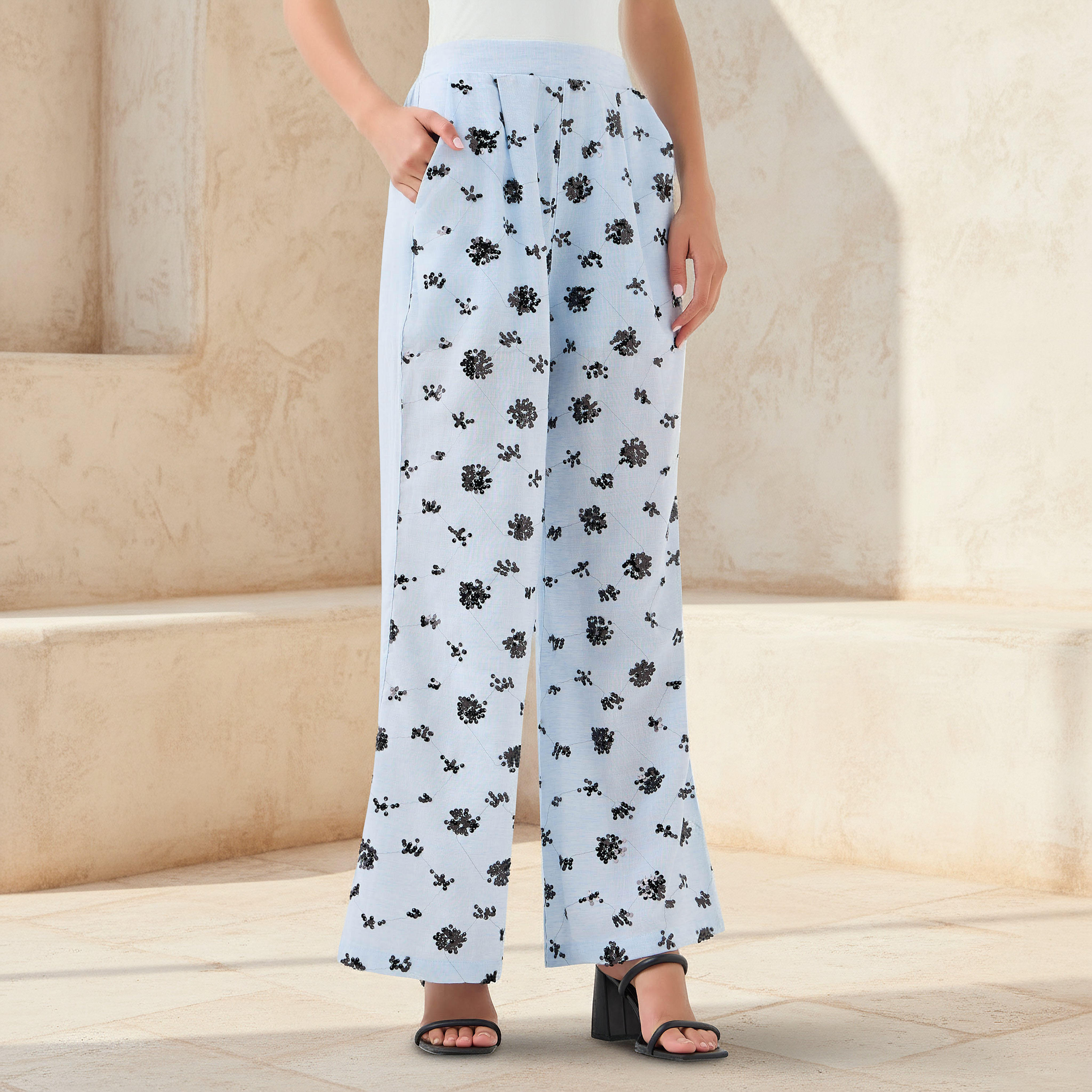 بنطلون واسع الساقين بتزيينات ترتر-women-clothing-coordsets-image-1