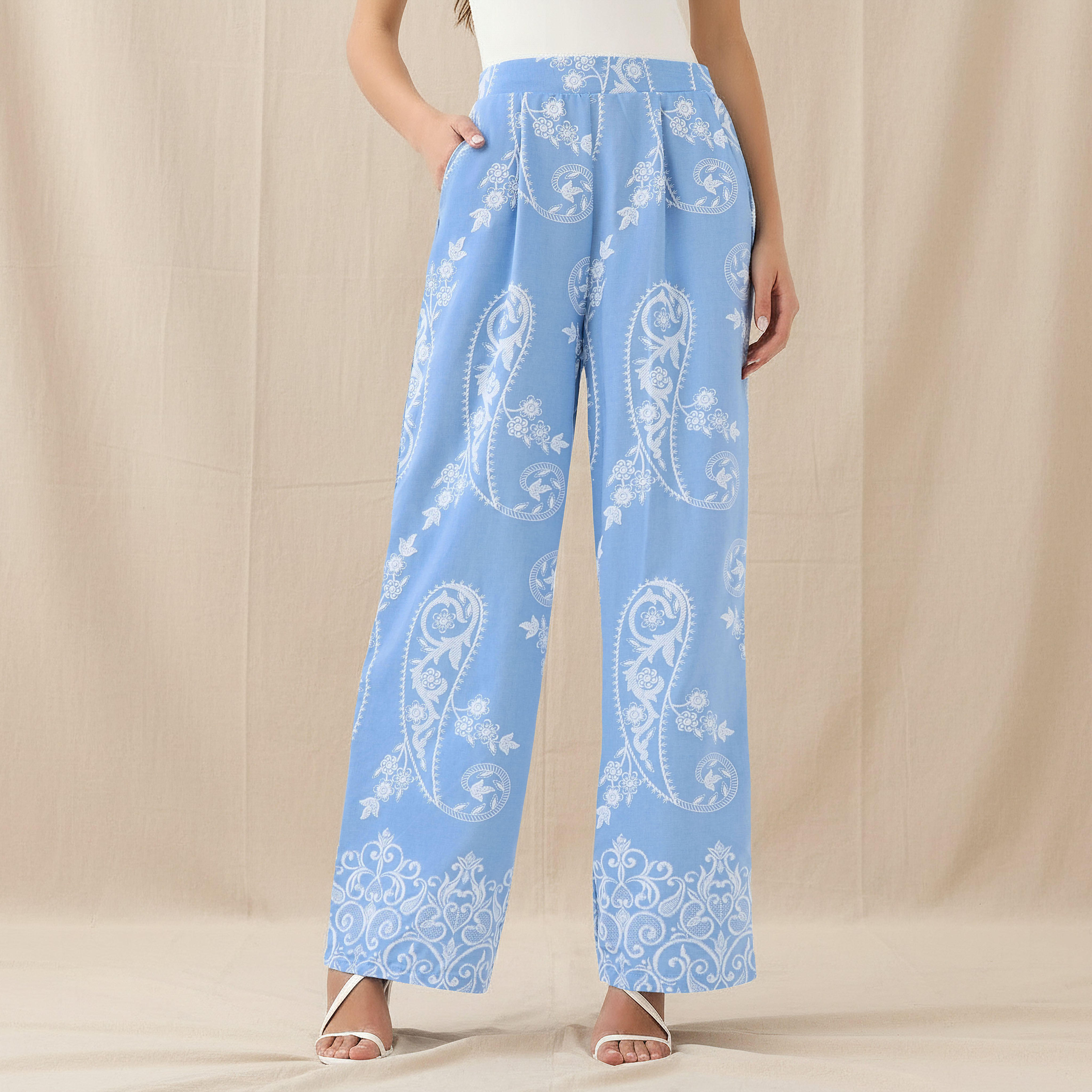 Wide-Leg Paisley Print Pleated Trousers-women-clothing-coordsets-image-1