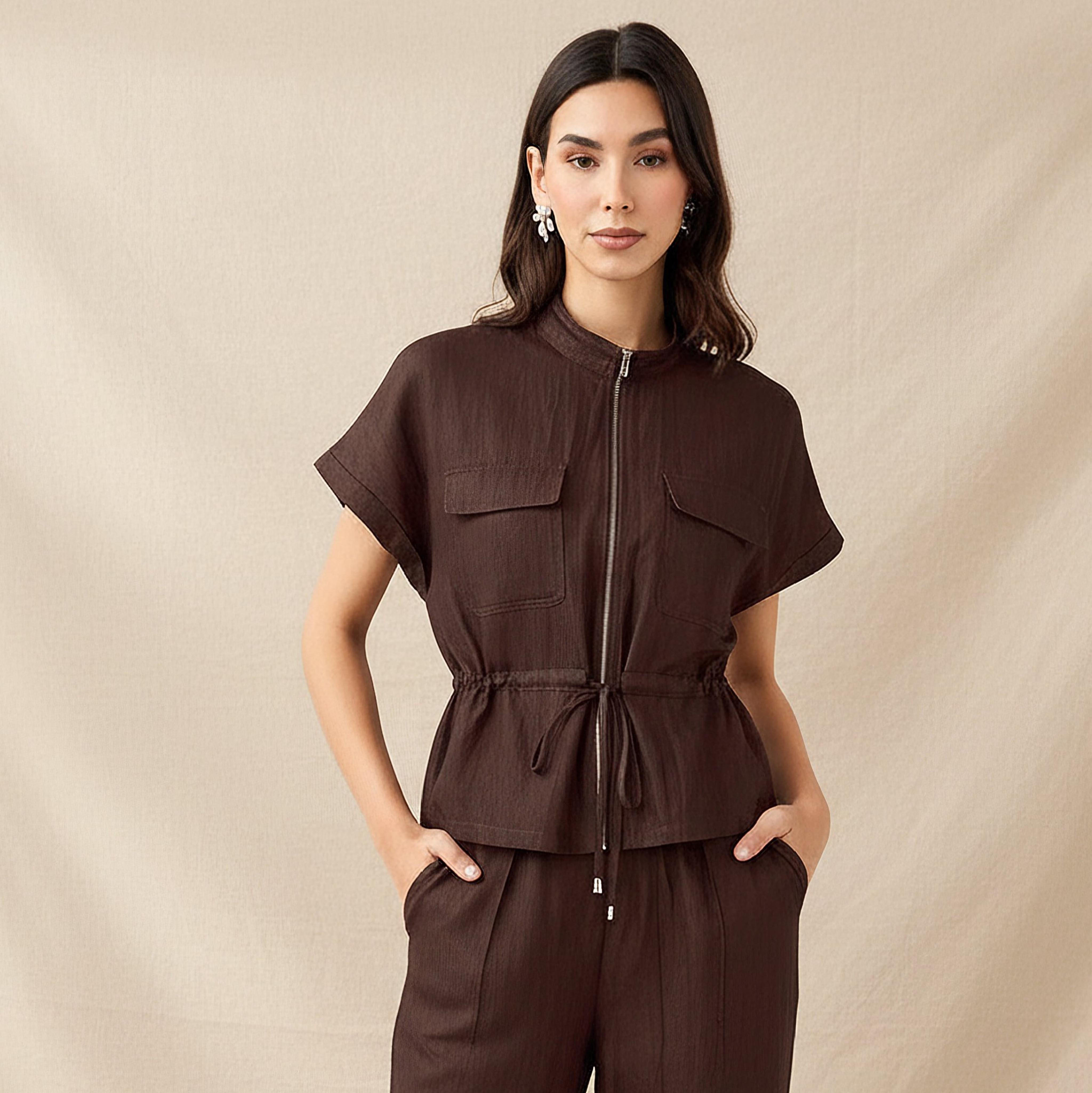 Drawstring Shirt with Extended Sleeves-women-clothing-shirtsandblouses-shirts-image-1