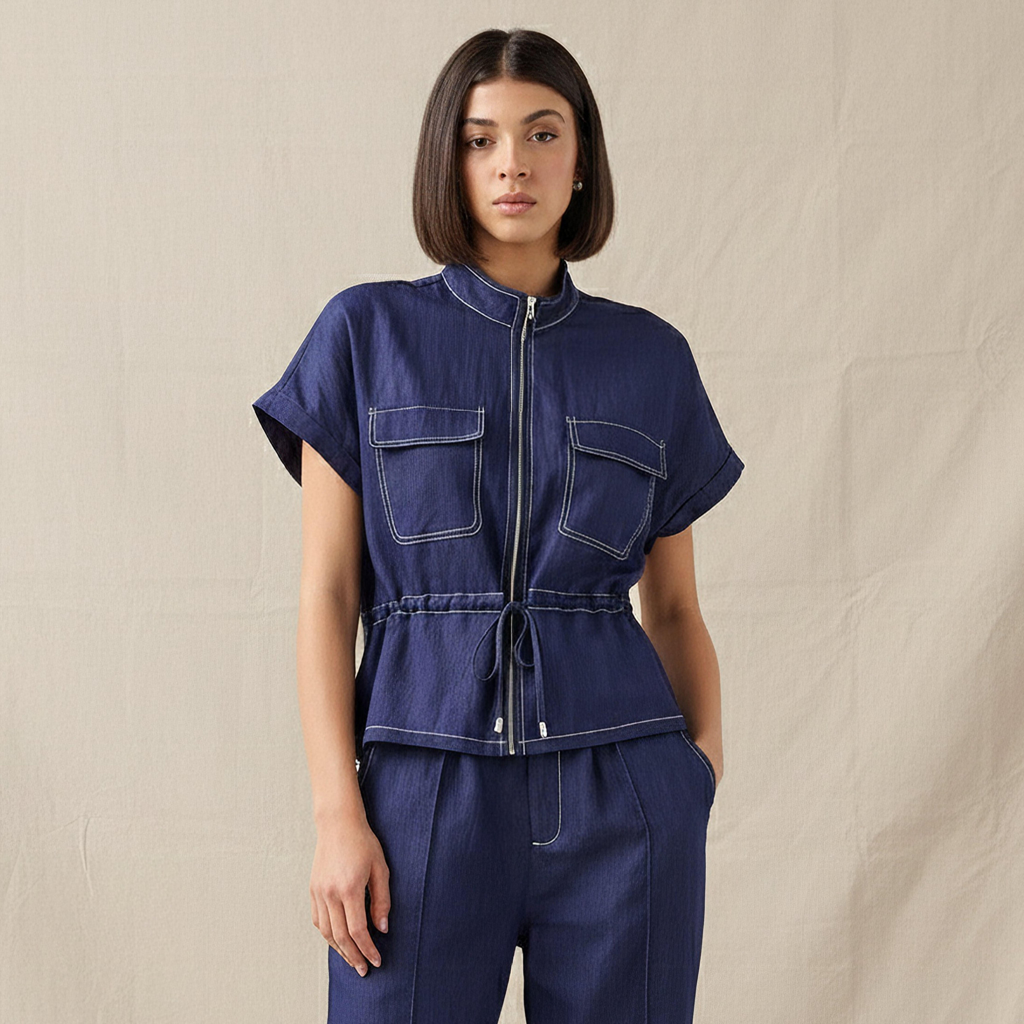Drawstring Shirt with Extended Sleeves-women-clothing-shirtsandblouses-shirts-image-1