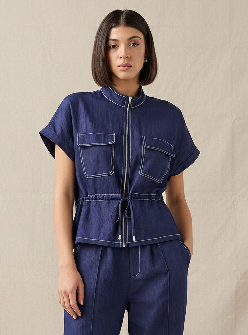 Drawstring Shirt with Extended Sleeves-women-clothing-shirtsandblouses-shirts-image-1