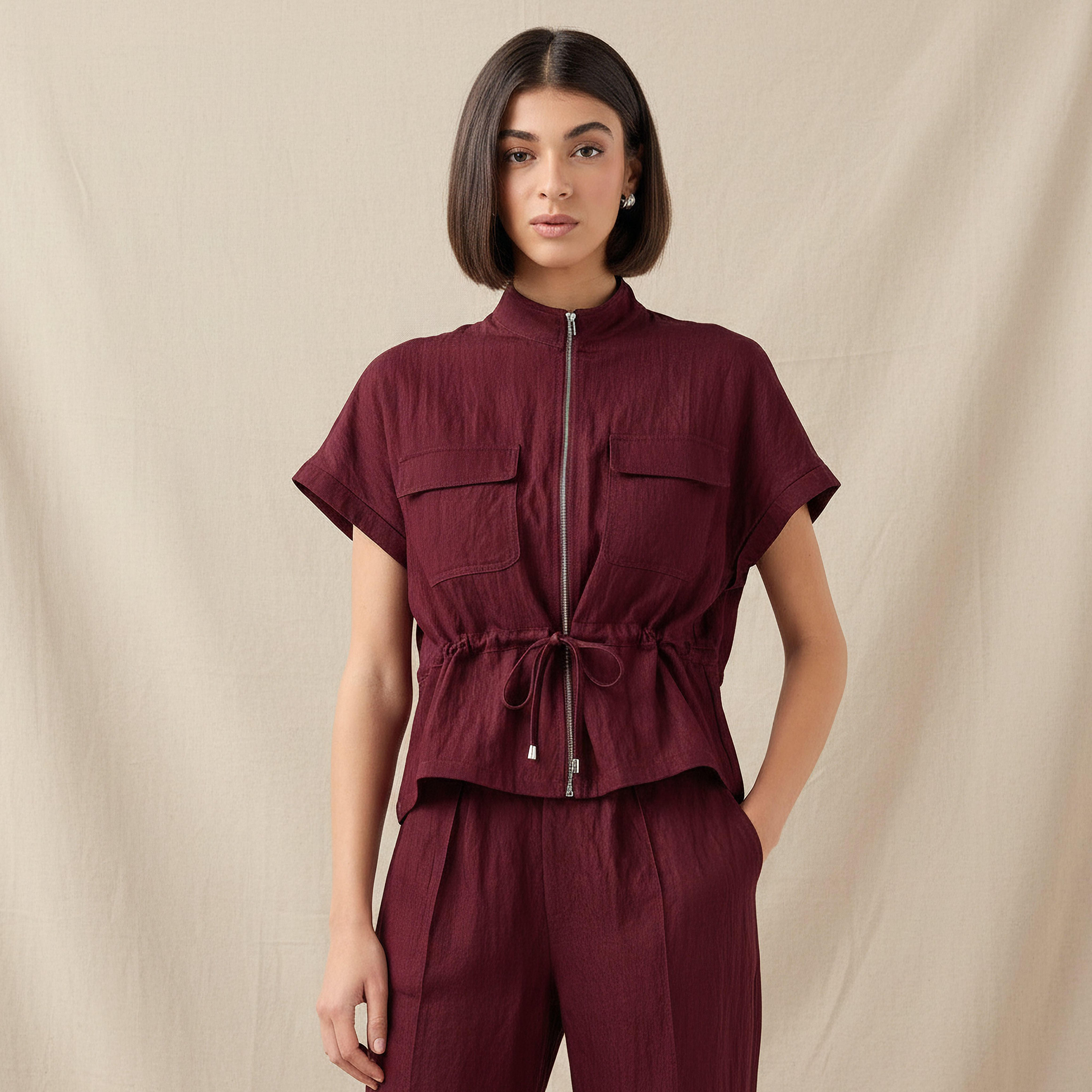 Drawstring Shirt with Extended Sleeves-women-clothing-shirtsandblouses-shirts-image-1
