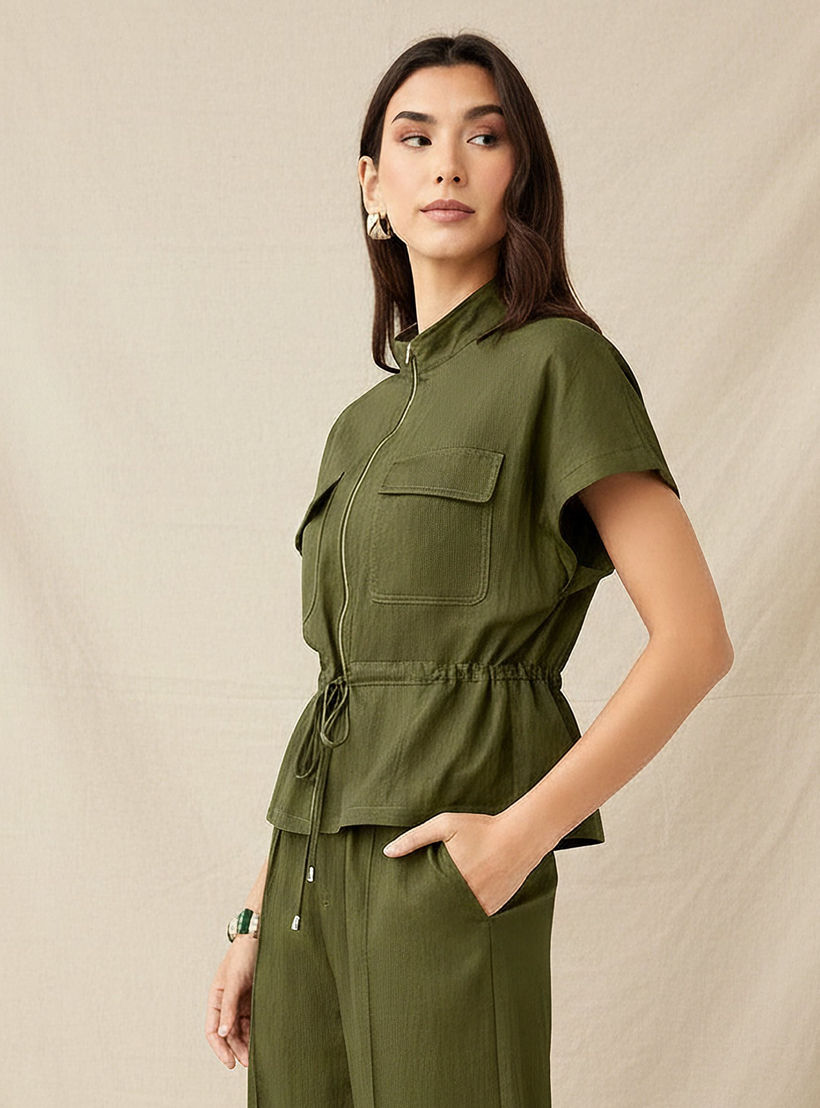 Drawstring Shirt with Extended Sleeves-women-clothing-shirtsandblouses-shirts-image-1