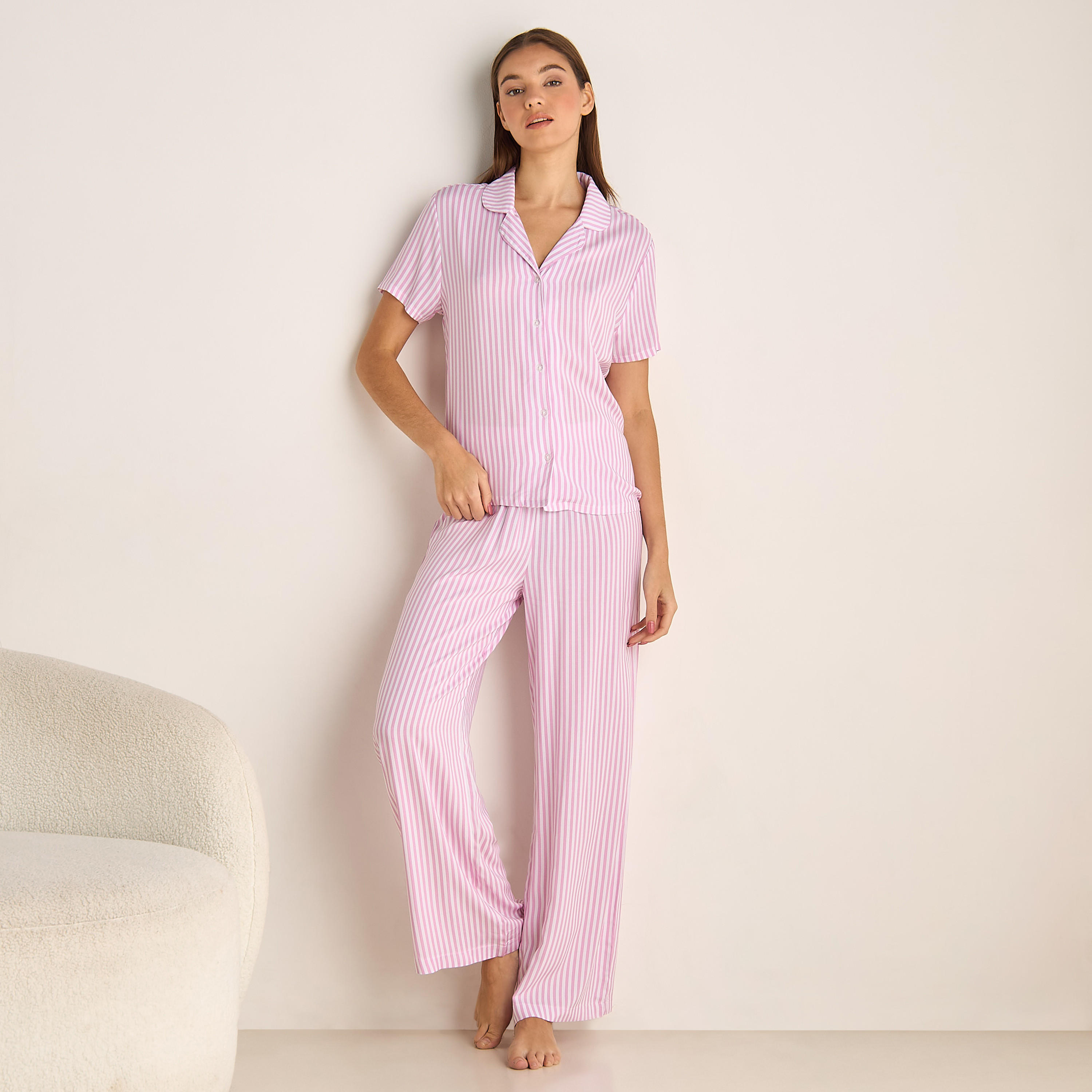 Pyjama Set Button-Down Shirt & Trousers Viscose-women-clothing-nightwear-pyjamas-longsets-image-1