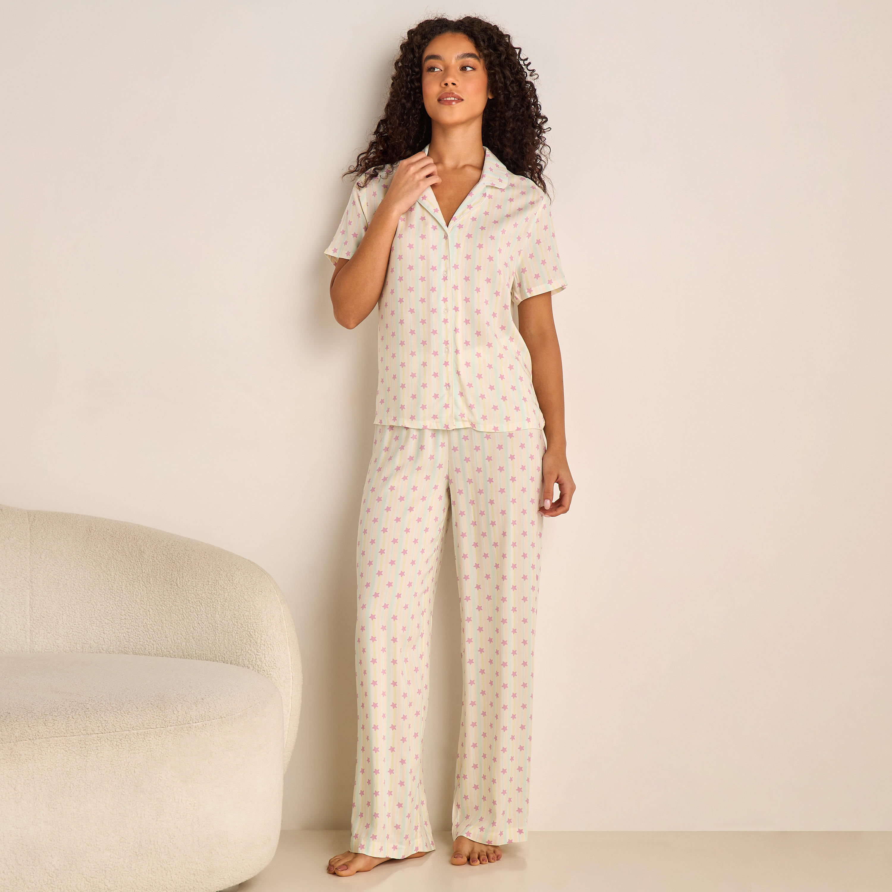 طقم بيجاما فيسكوز قميص بأزرار وبنطلون-women-clothing-nightwear-pyjamas-longsets-image-1