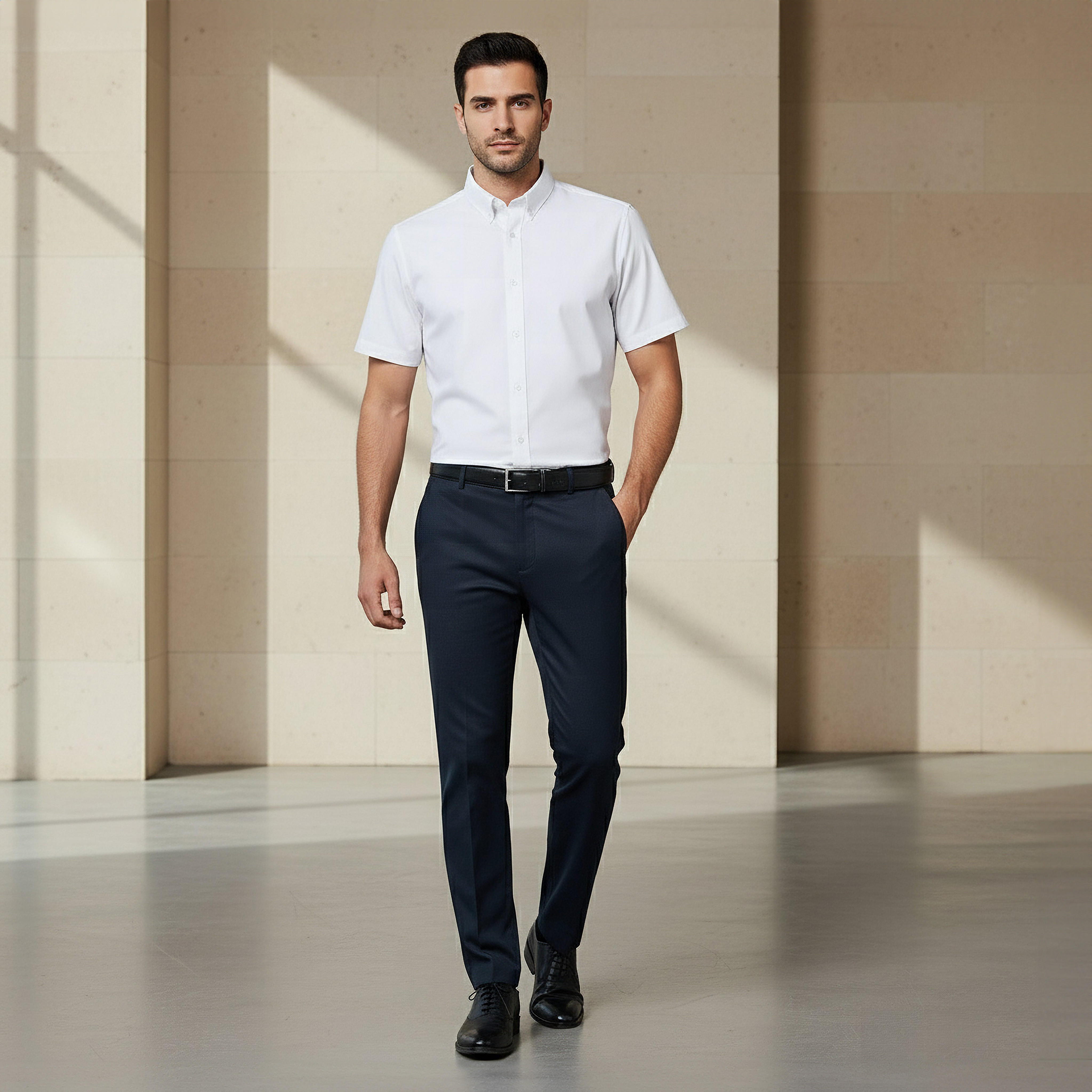 قميص بقصّة عادية وياقة عادية وأكمام قصيرة وأزرار للرجال-men-clothing-shirts-image-4